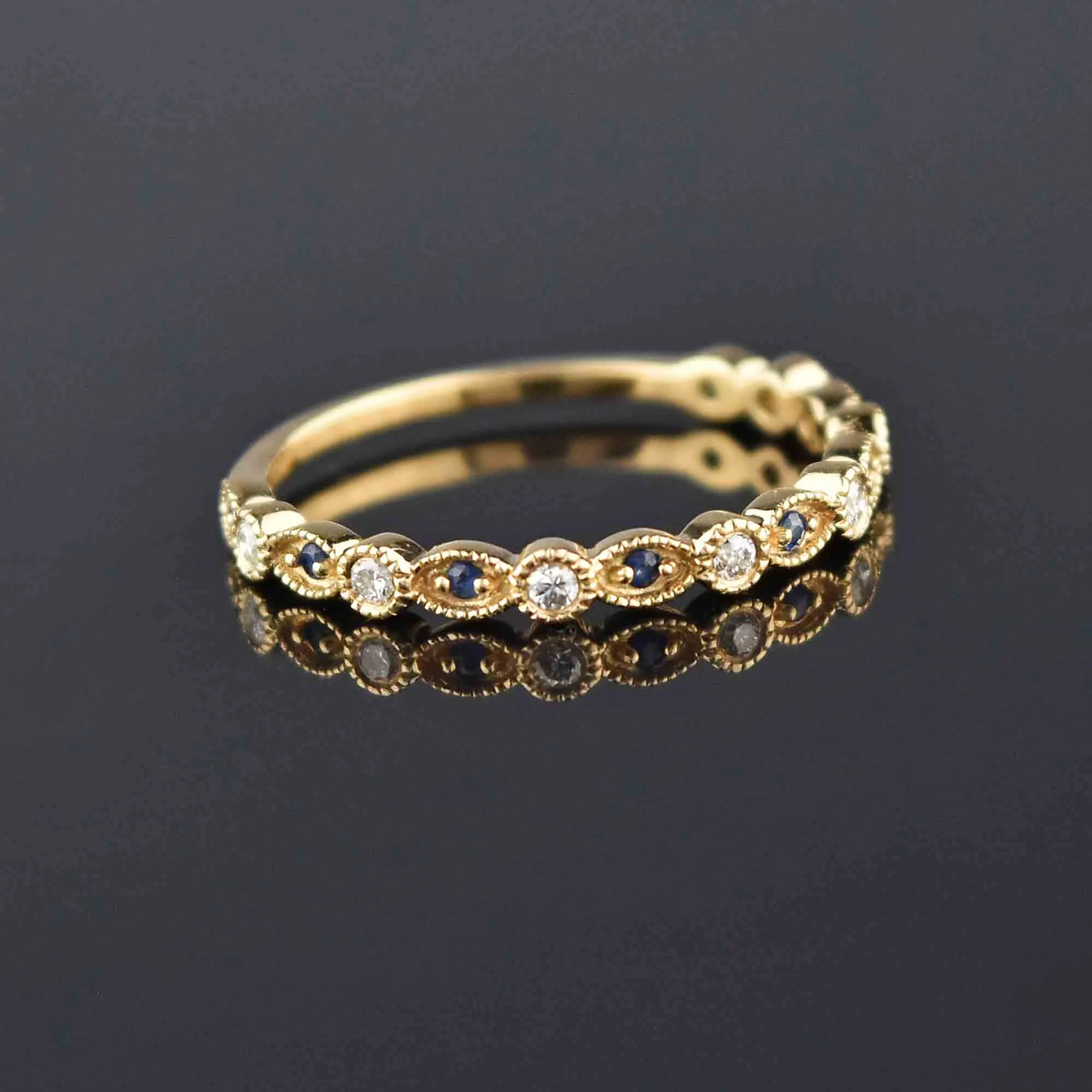 Fine 14K Gold Scalloped Diamond Sapphire Ring, 3/4 Eternity