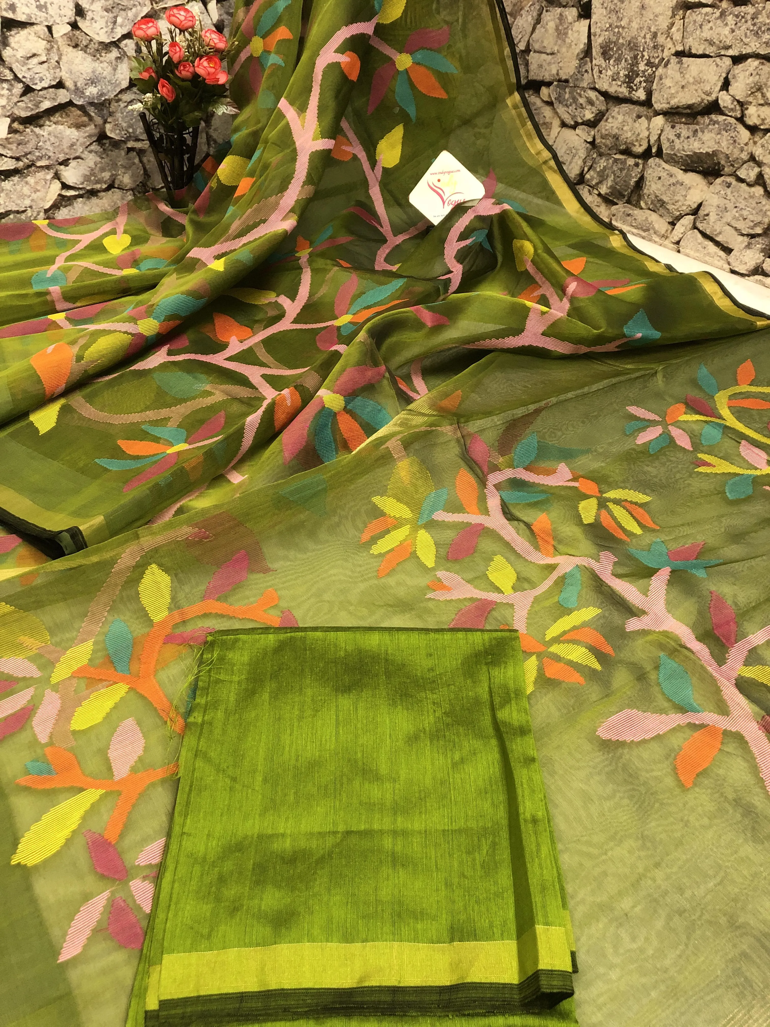 Green Color Muslin Jamdani Saree