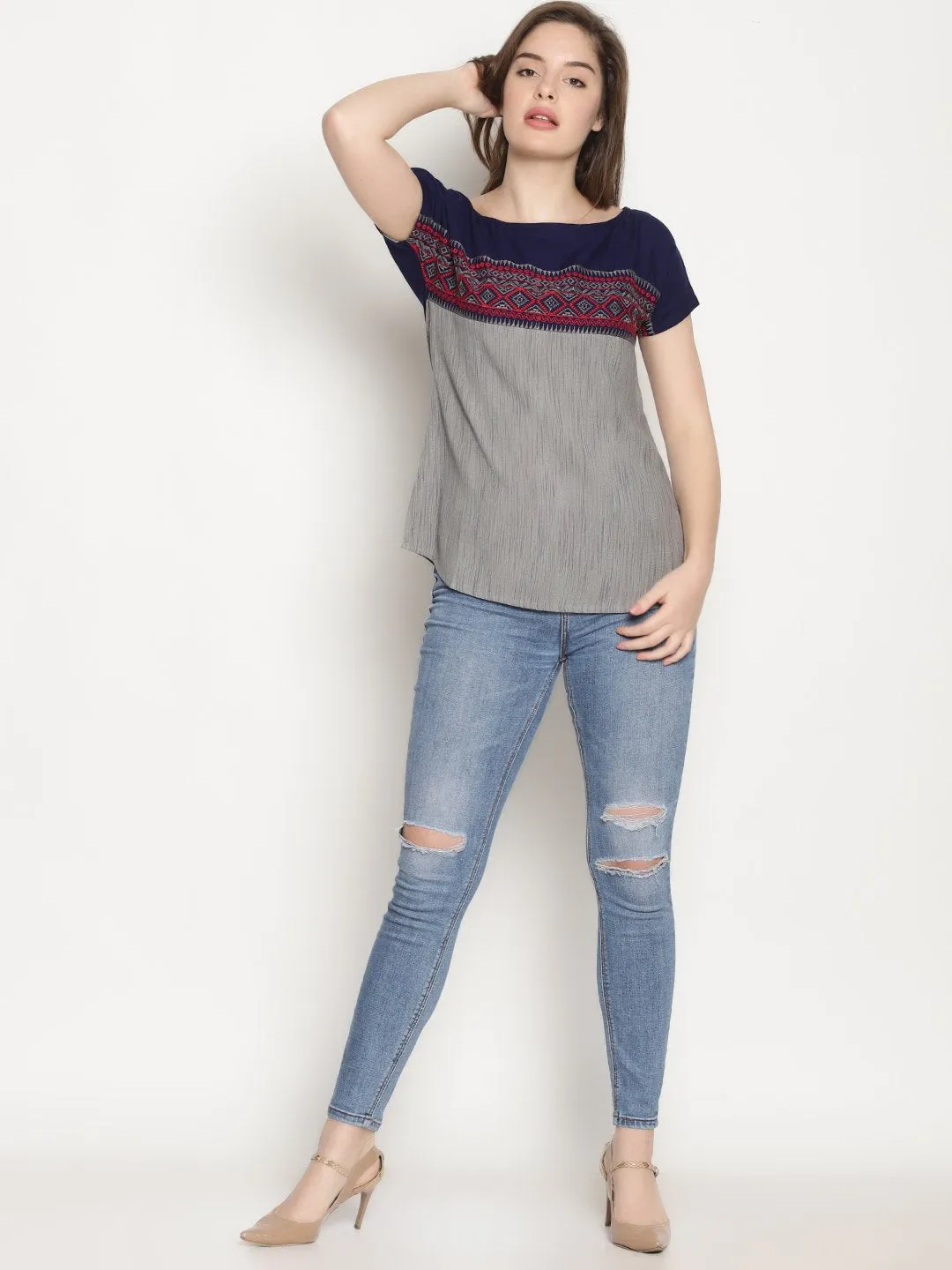 Grey and Blue Color Block Top