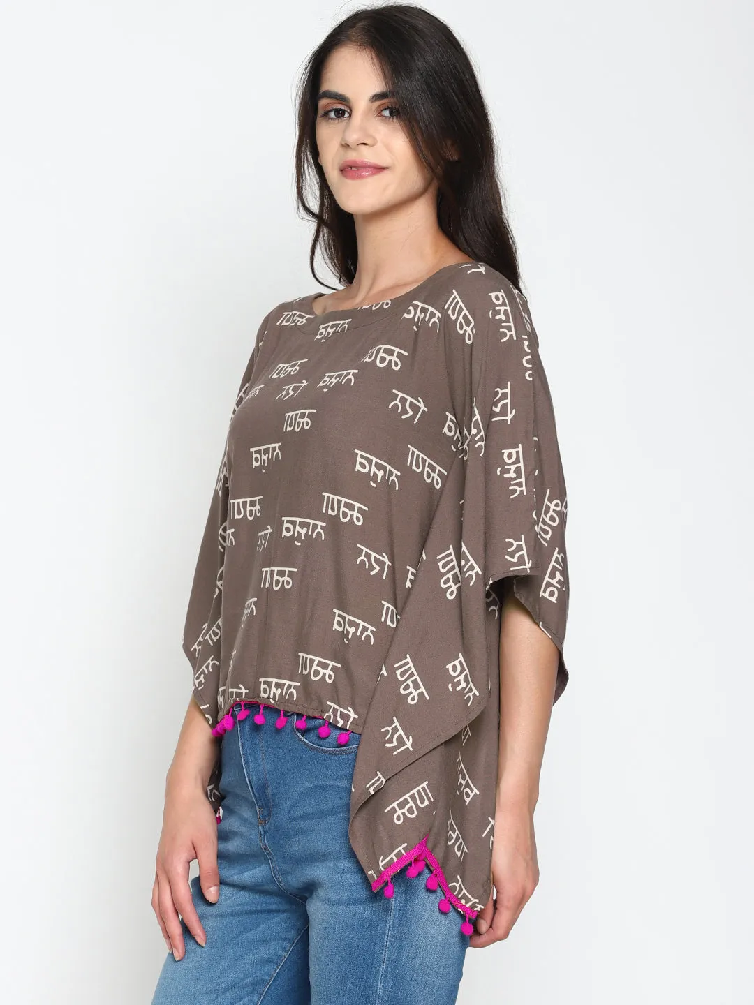 Grey Calligraphy Printed Kaftan Top