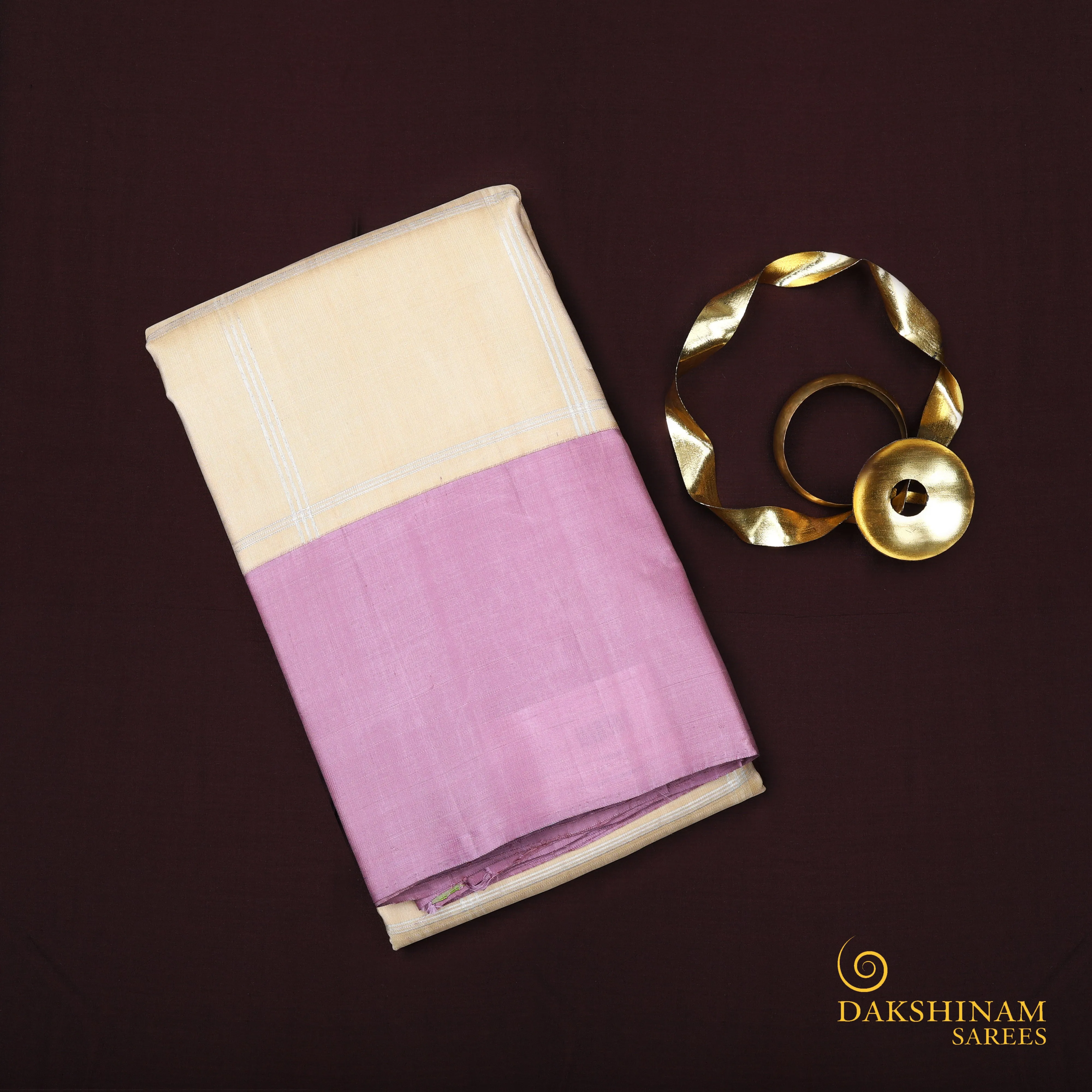 Handwoven Cream with Purple Kanjivaram Silk Saree - 719T003091DSC