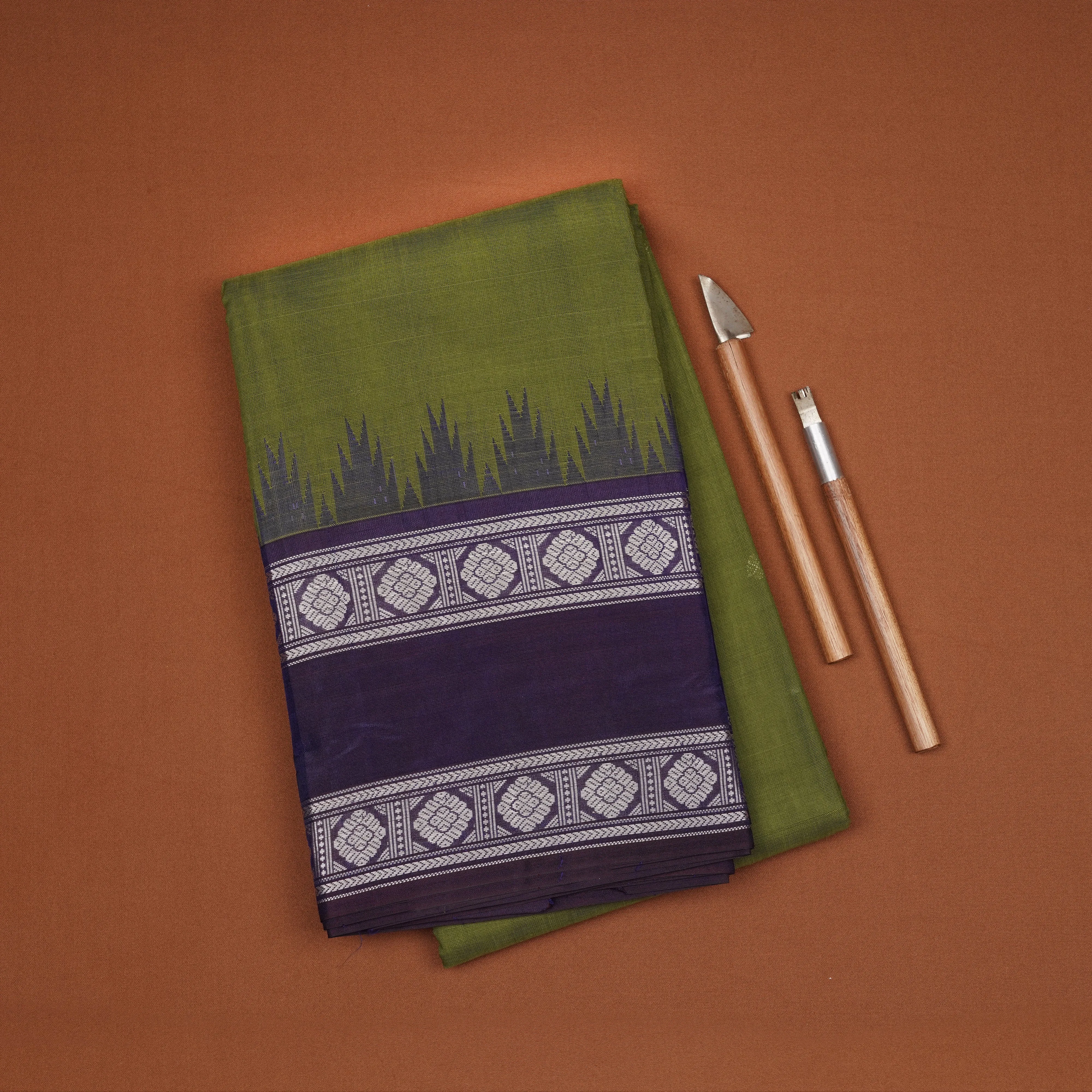 Handwoven Green with Purple Kanchipuram Silk Cotton Saree - 2187T010888DSC