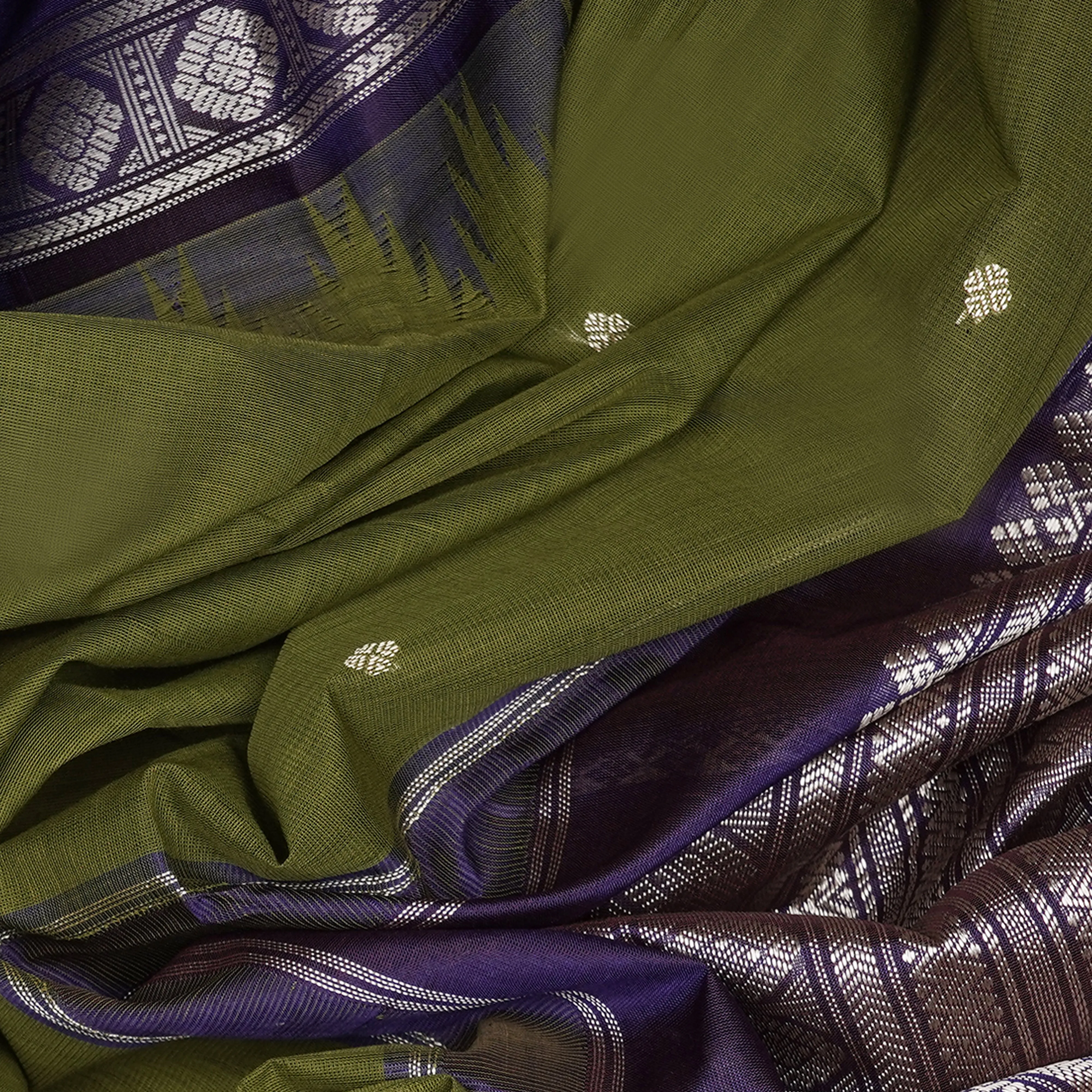 Handwoven Green with Purple Kanchipuram Silk Cotton Saree - 2187T010888DSC