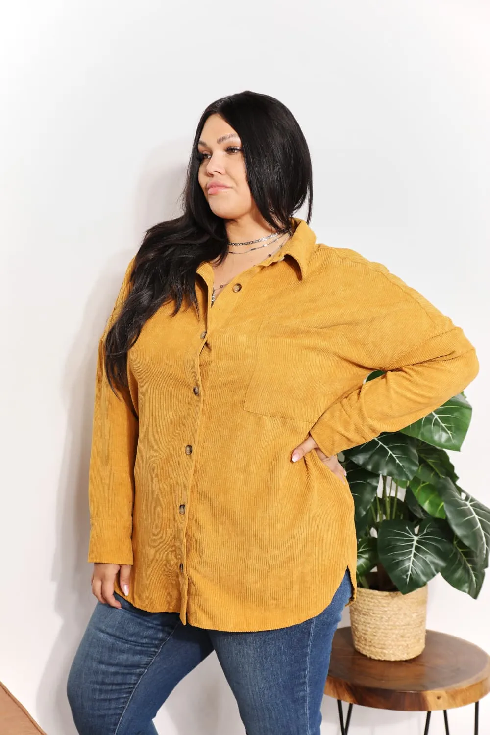 HEYSON Full Size Oversized Corduroy  Button-Down Tunic Shirt with Bust Pocket