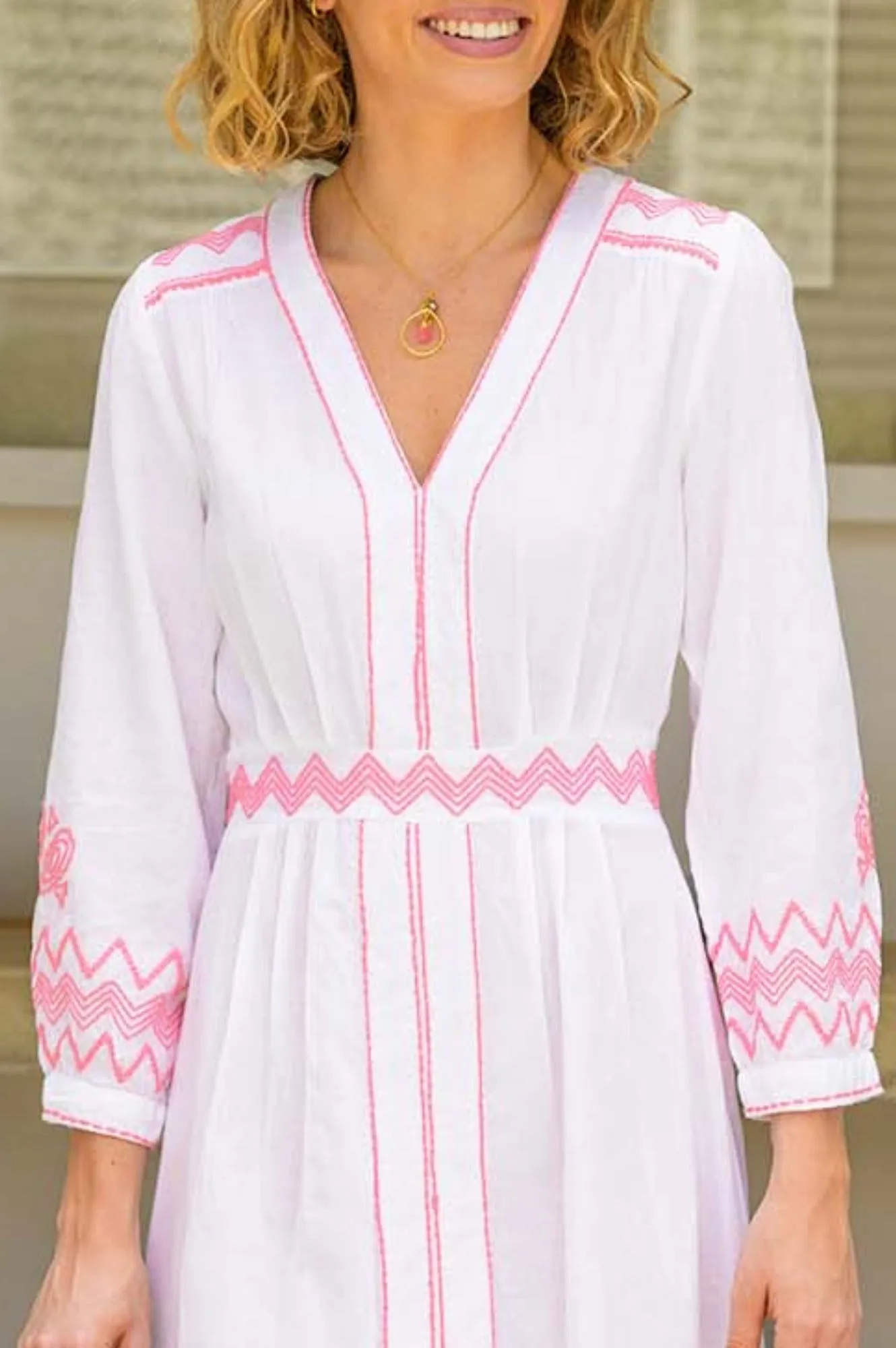 Jamila Embroidered Dress | White/Pink