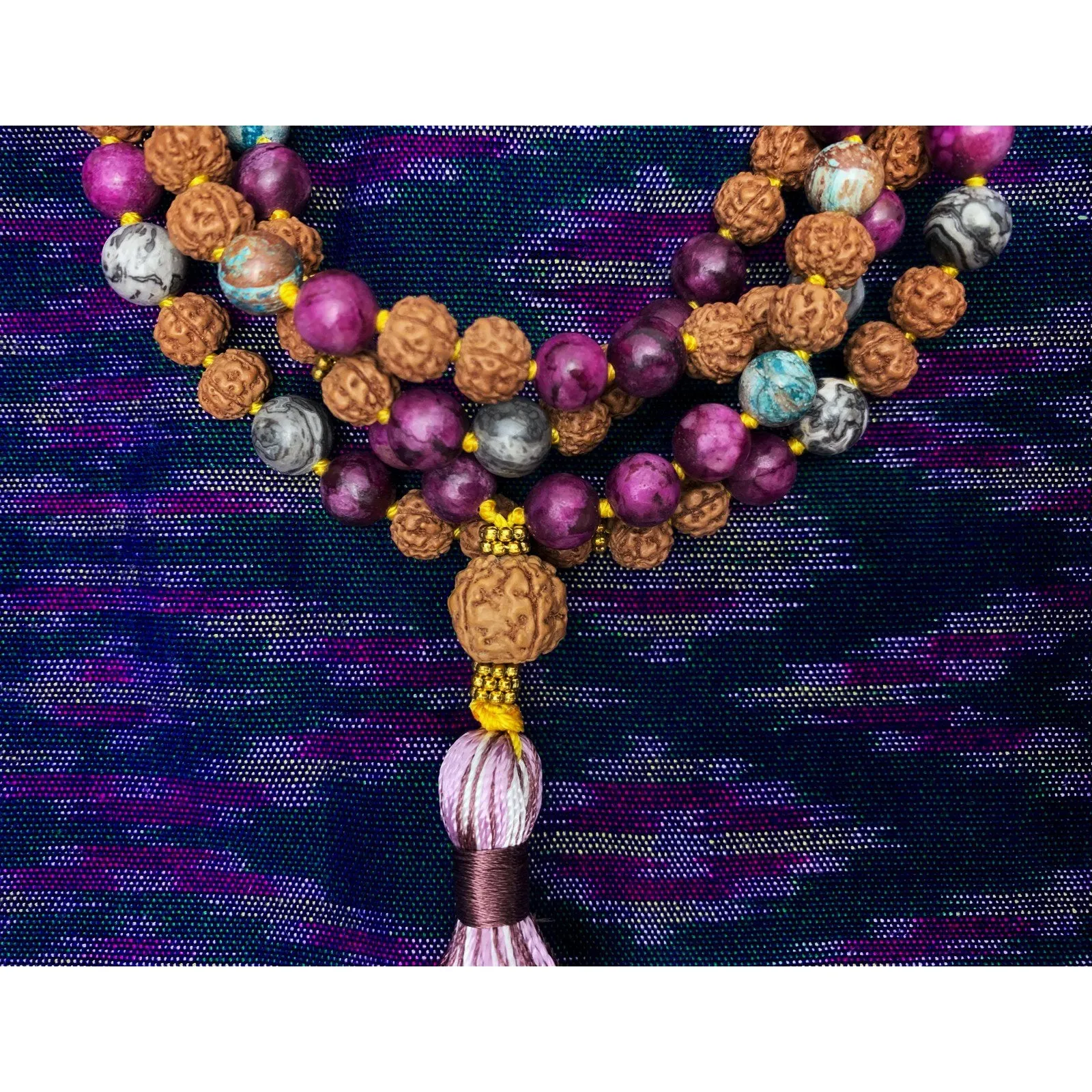 Jasper and Rudraksha 8mm Knotted Mala with Silk Tassel #76