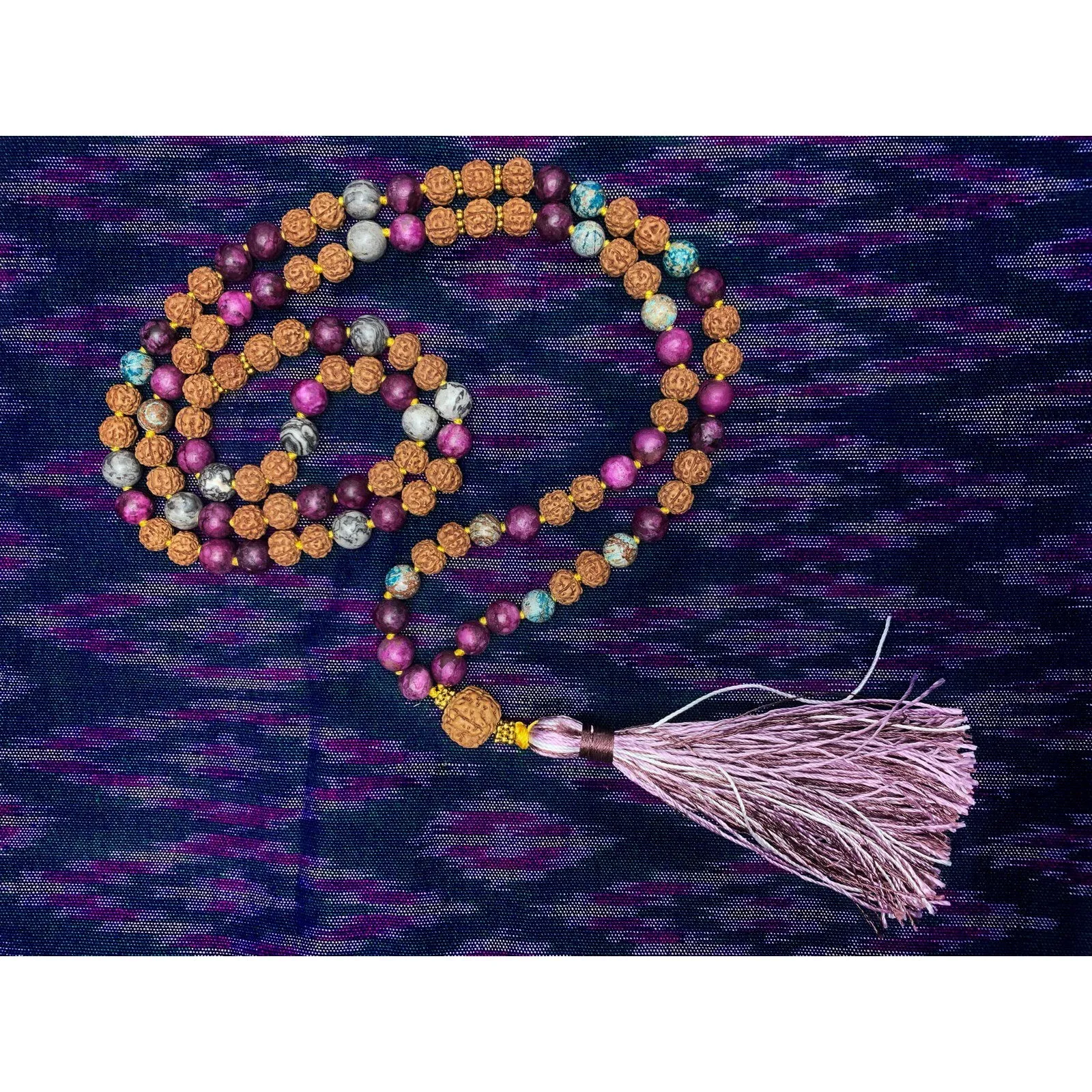 Jasper and Rudraksha 8mm Knotted Mala with Silk Tassel #76