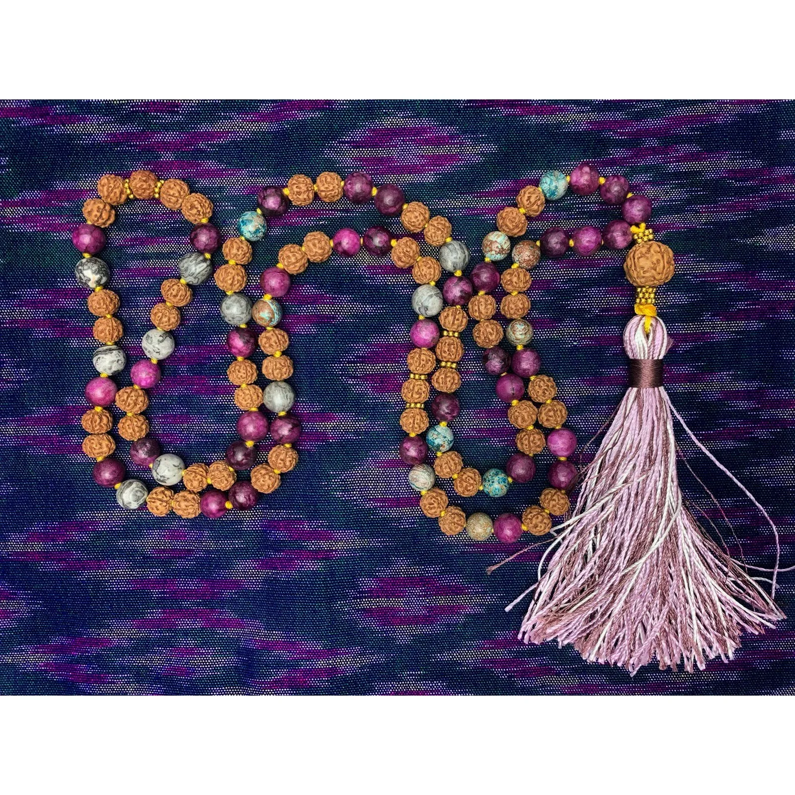 Jasper and Rudraksha 8mm Knotted Mala with Silk Tassel #76