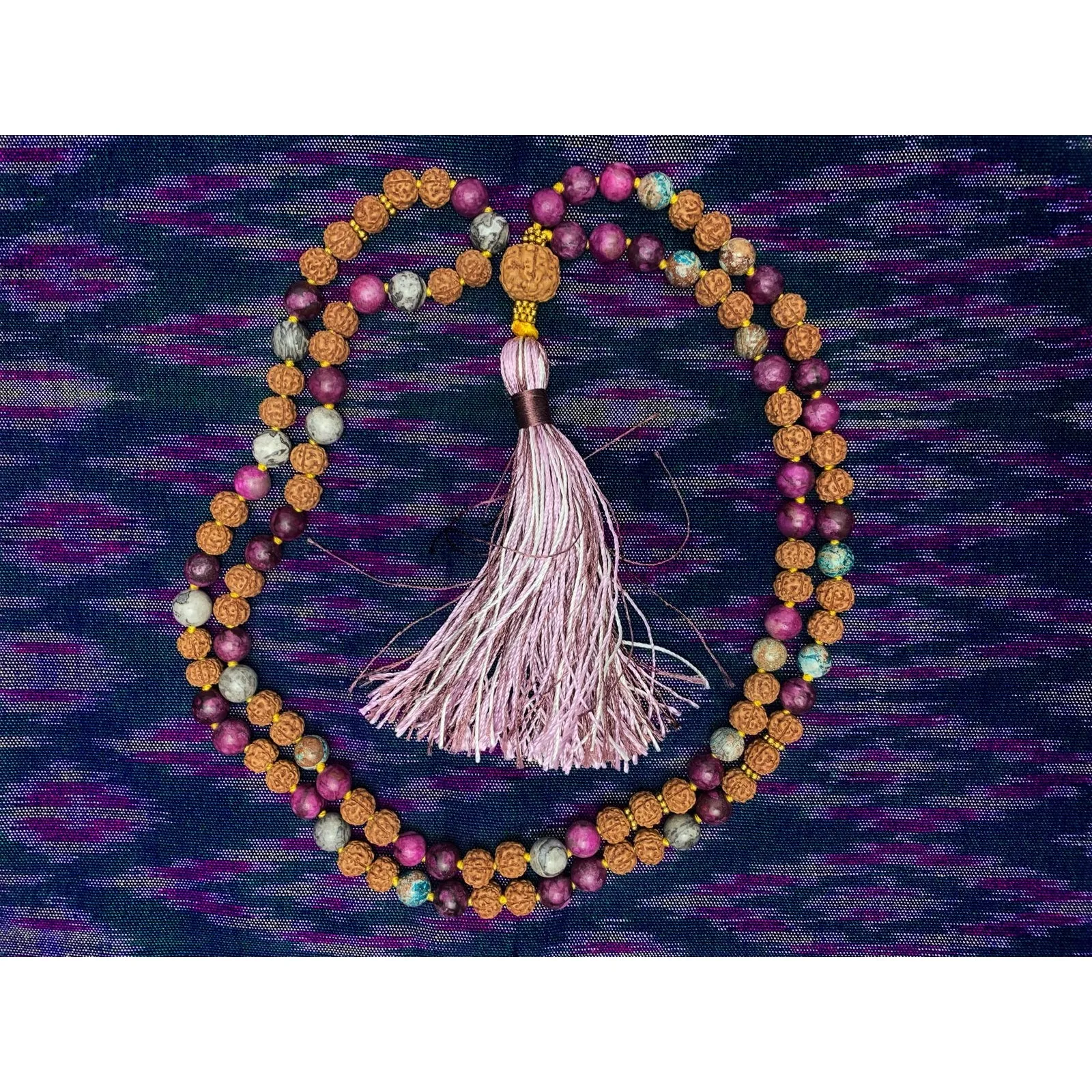 Jasper and Rudraksha 8mm Knotted Mala with Silk Tassel #76