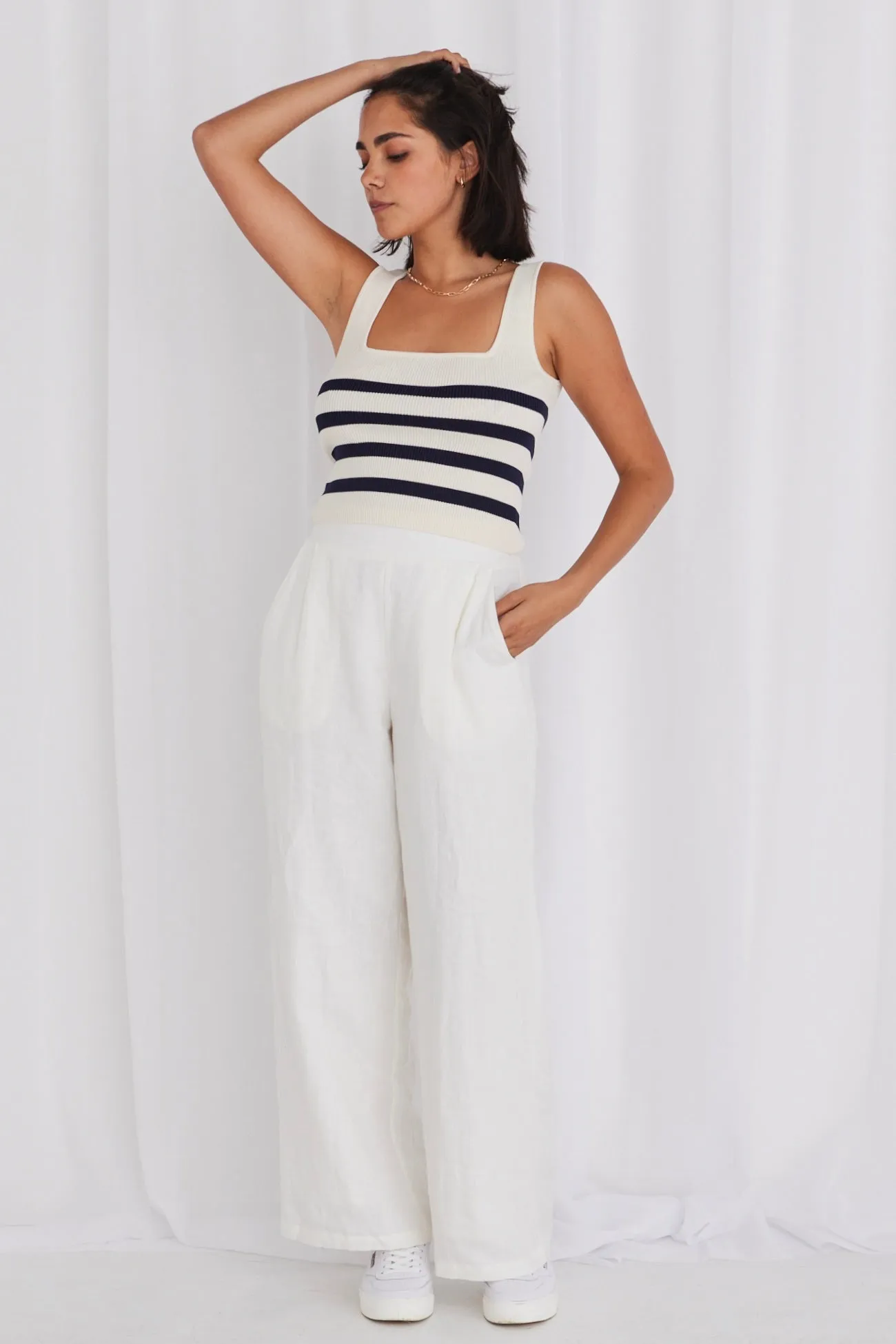 Juno Navy Stripe Square Neck Rib Knit Tank