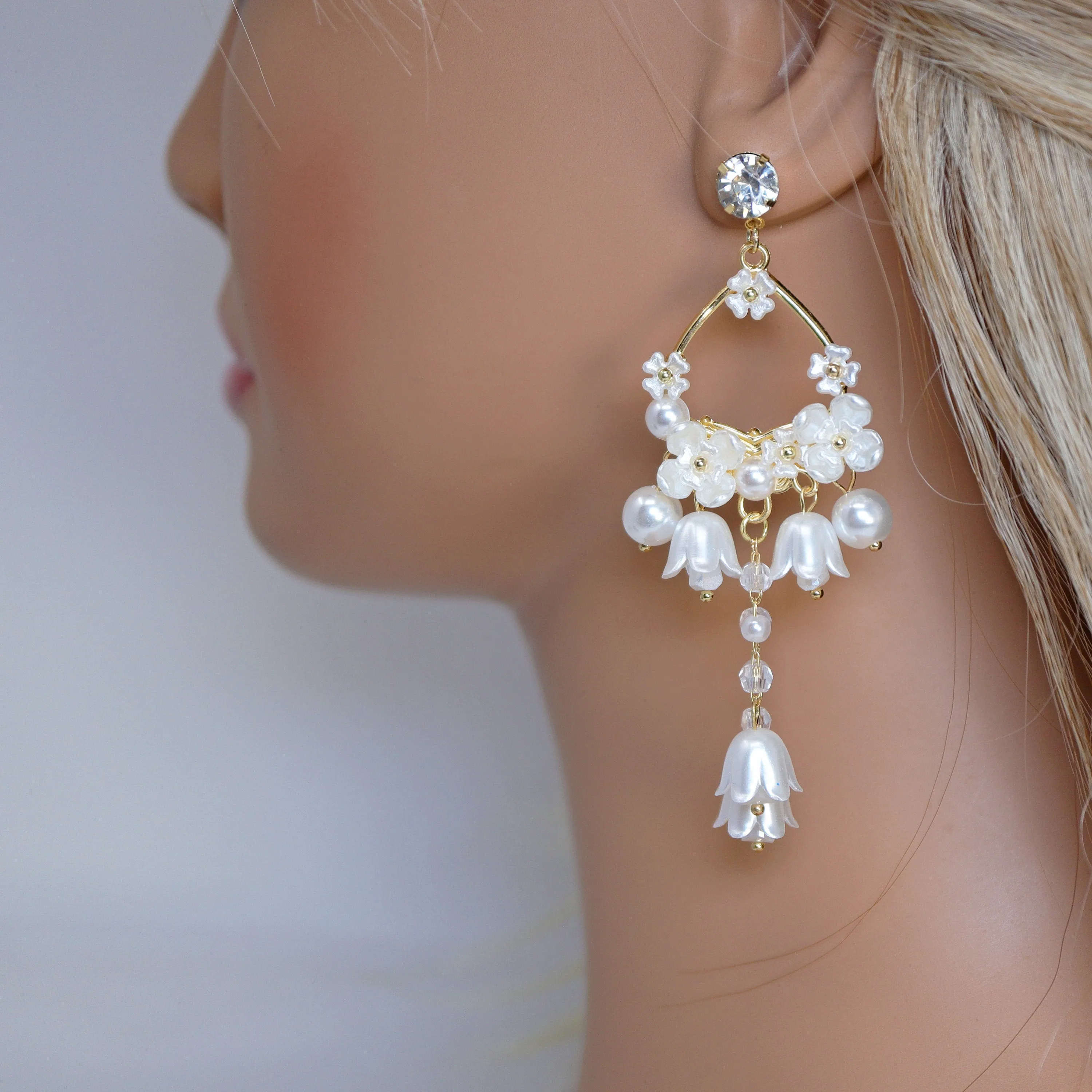 Light Weight Gold Swarovski Crystal Faux pearl White Floral Drop Hoop earrings, Long Tassel Bridal Earrings Statement earrings