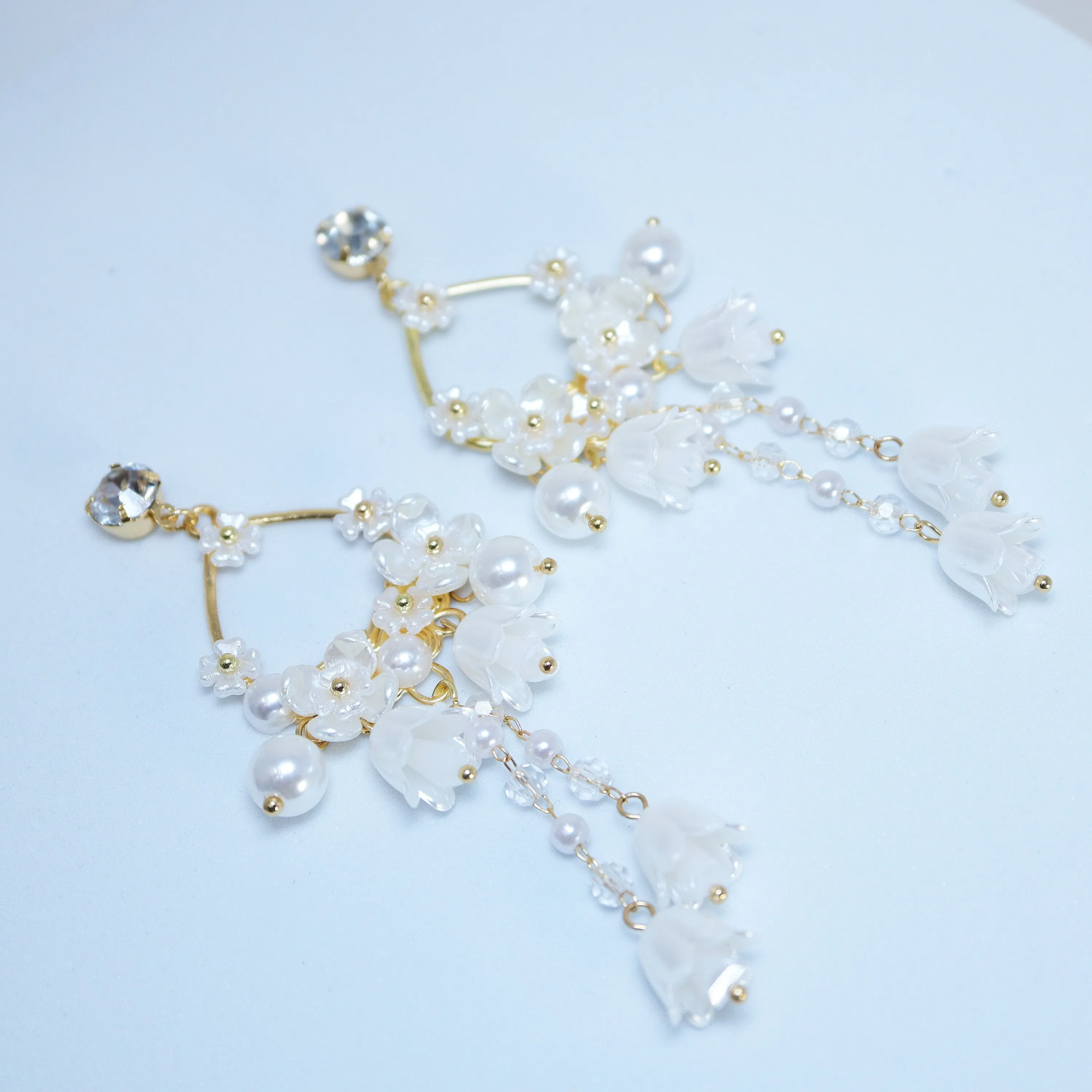 Light Weight Gold Swarovski Crystal Faux pearl White Floral Drop Hoop earrings, Long Tassel Bridal Earrings Statement earrings