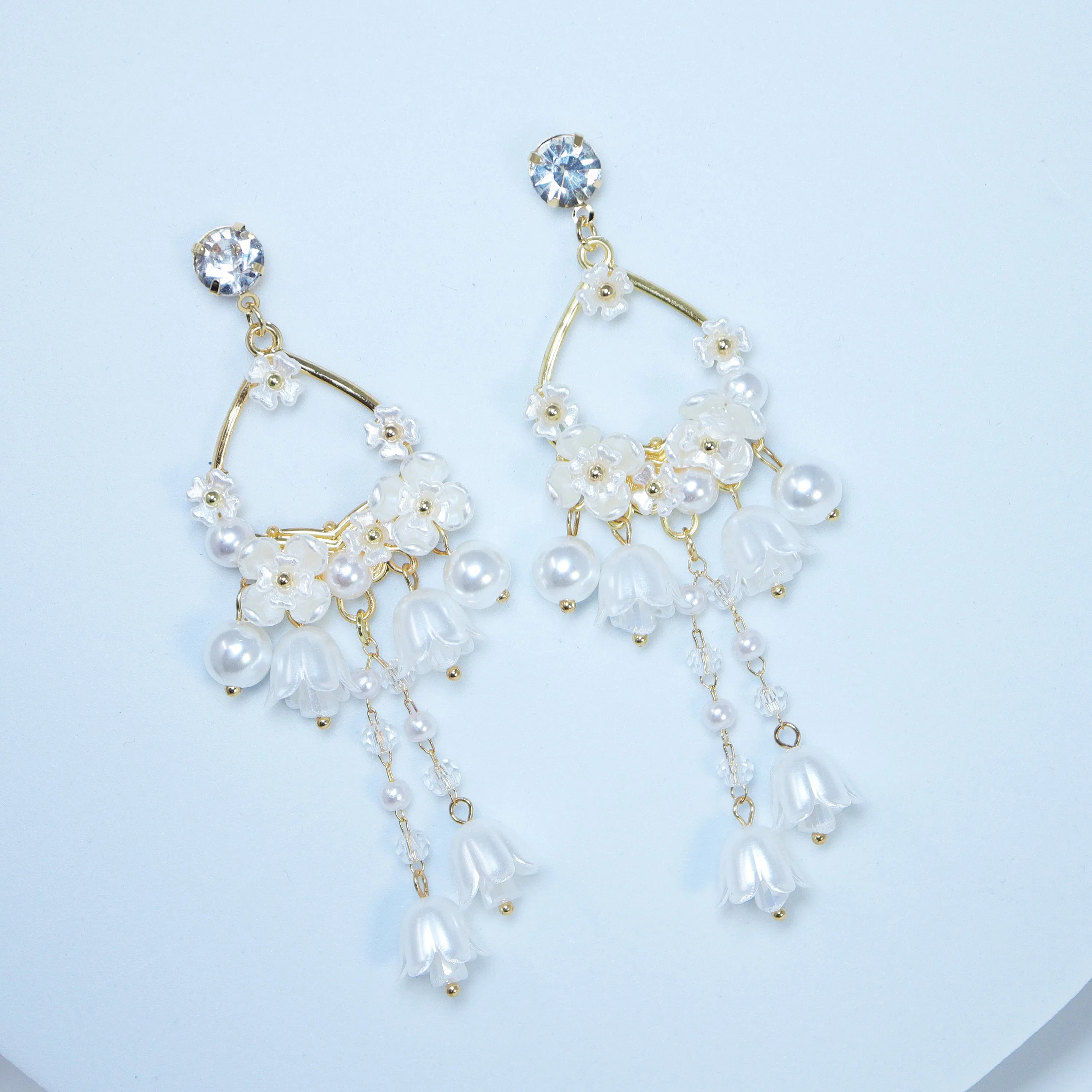 Light Weight Gold Swarovski Crystal Faux pearl White Floral Drop Hoop earrings, Long Tassel Bridal Earrings Statement earrings