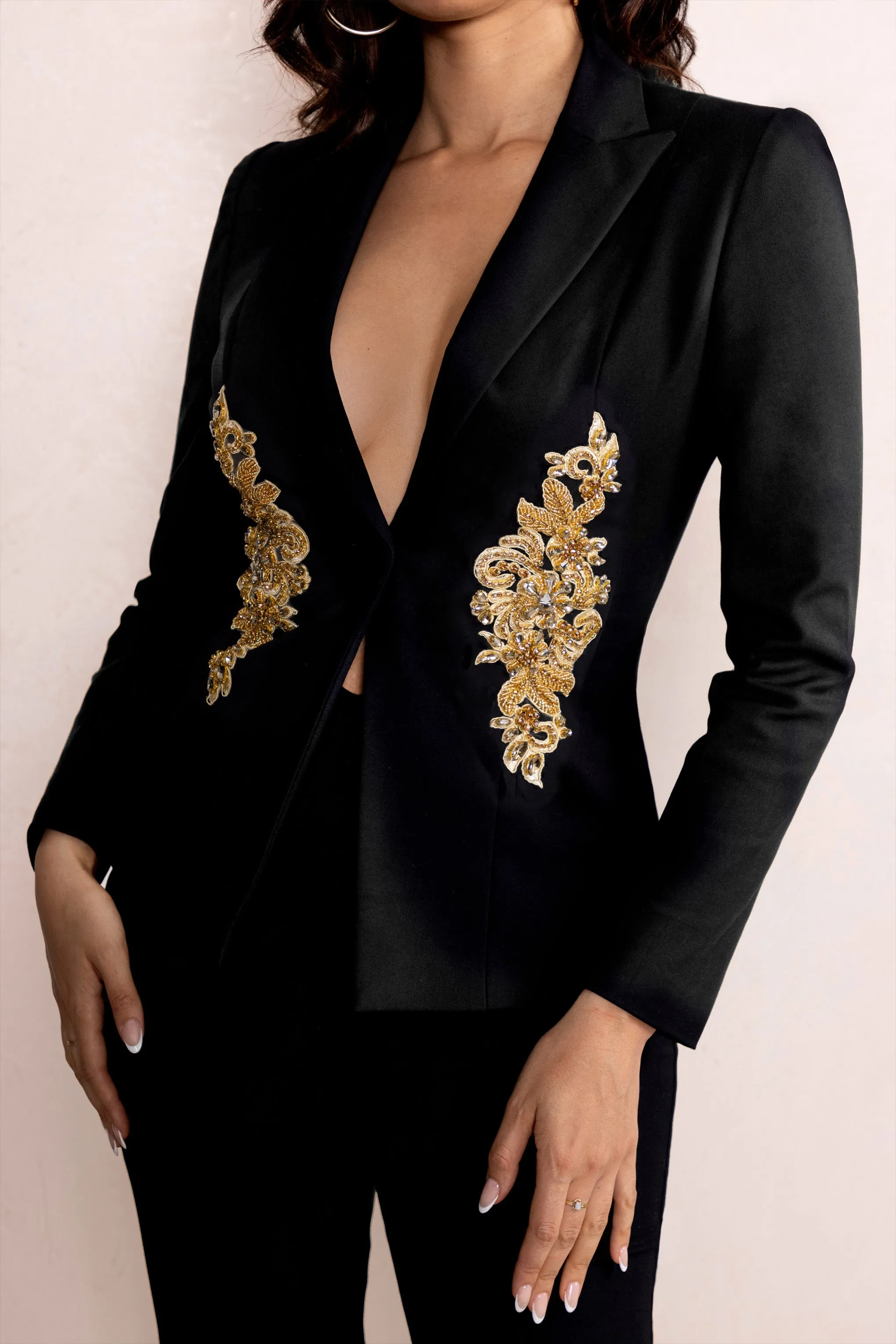 Lissa | Black Fitted Blazer with Gold Embroidery Waist Detail