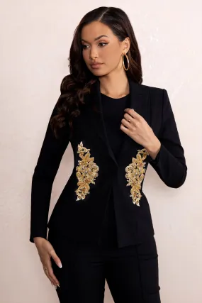 Lissa | Black Fitted Blazer with Gold Embroidery Waist Detail