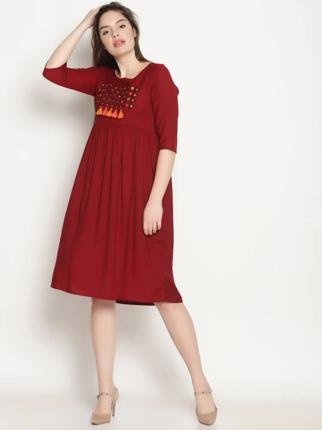 Maroon Embroidered Shift Dress