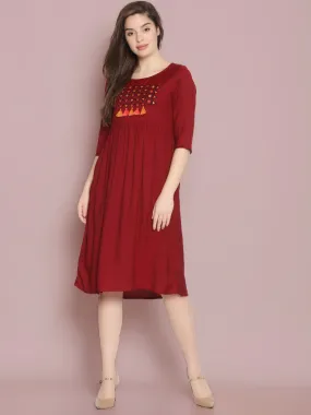 Maroon Embroidered Shift Dress