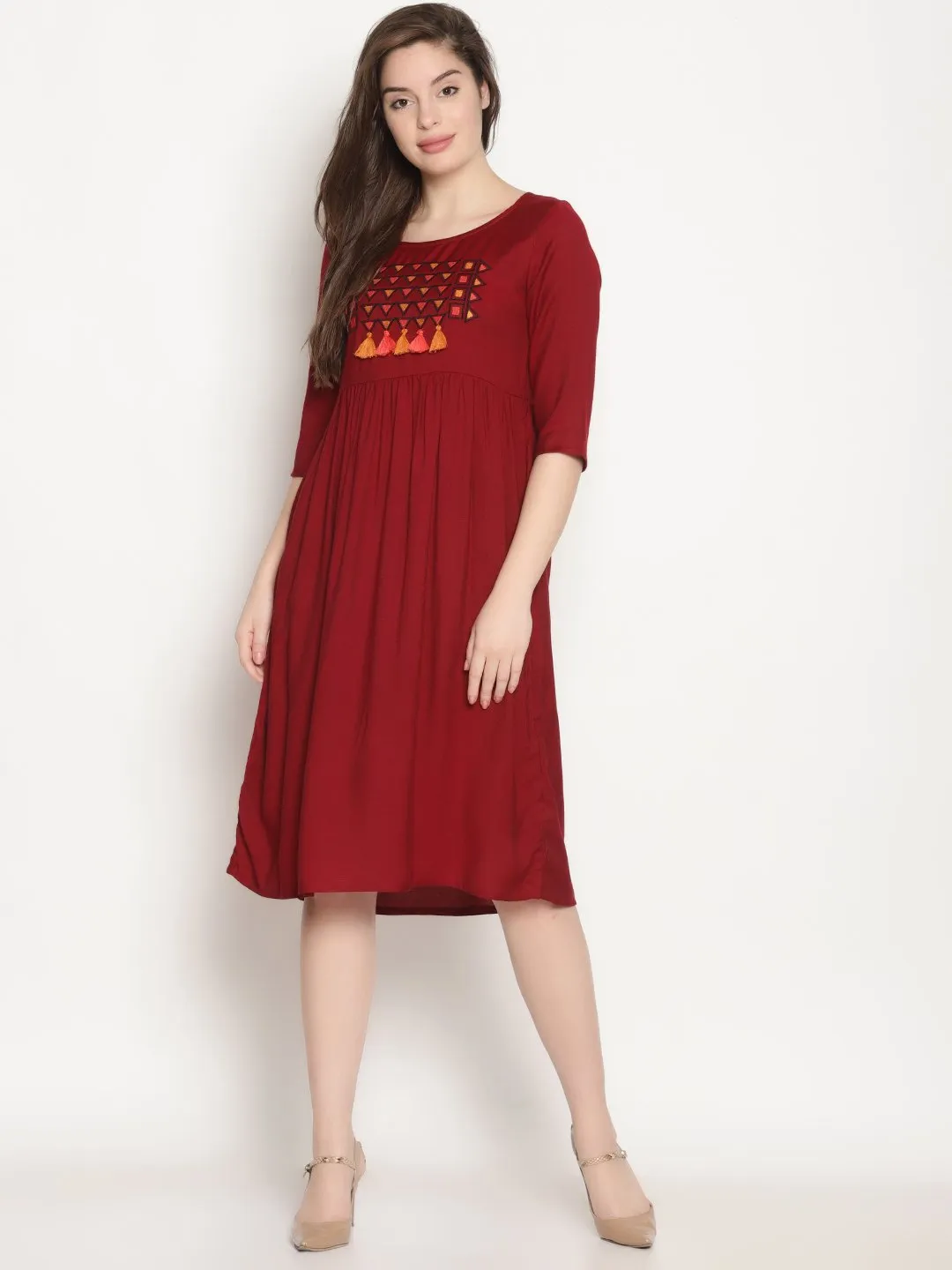 Maroon Embroidered Shift Dress