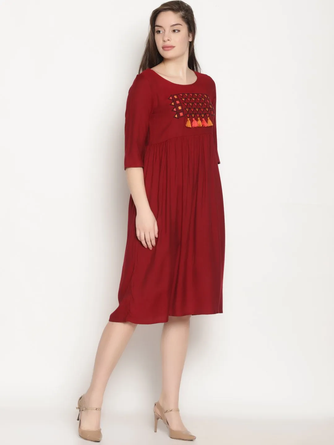 Maroon Embroidered Shift Dress