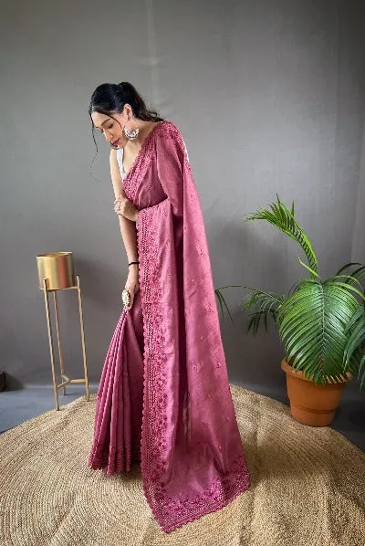 Mauve Pink Pure Soft Matka Silk Cutwork Saree