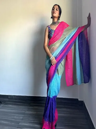 Multicoloured Crushed Georgette Sequence Saree