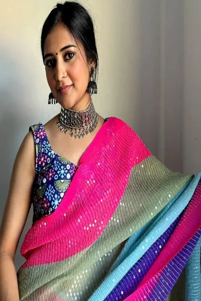 Multicoloured Crushed Georgette Sequence Saree