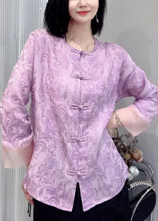 New Purple Button Print Silk Cotton Shirts Long Sleeve QA1047