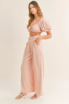 Pink Pleated Linen Pants and Cropped Top Set