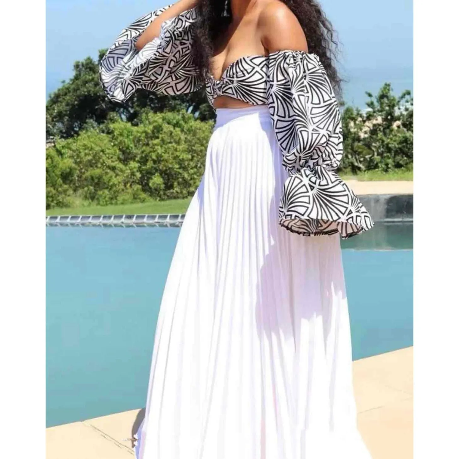 Pleated Skirt and Off shoulder Top Set