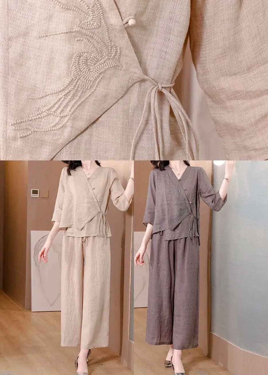 Plus Size Beige Asymmetrical Tie Waist Linen Two Pieces Set Spring HA1036