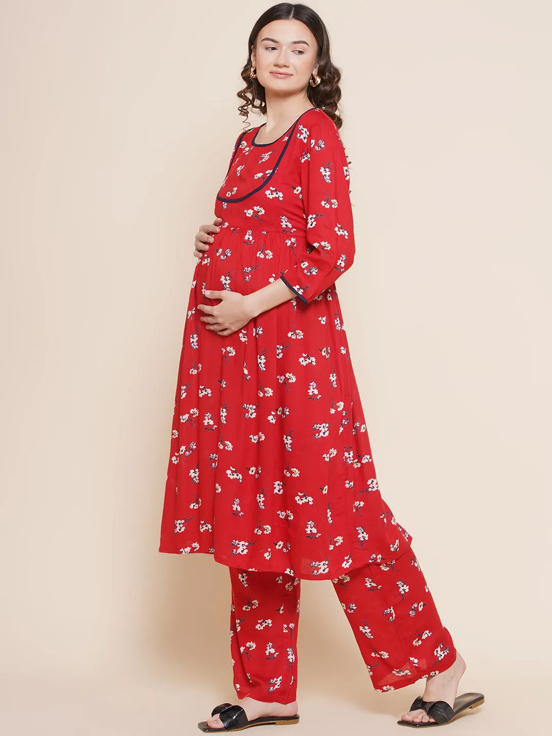 Red Floral Maternity and Nursing Kurta with Palazzo Set