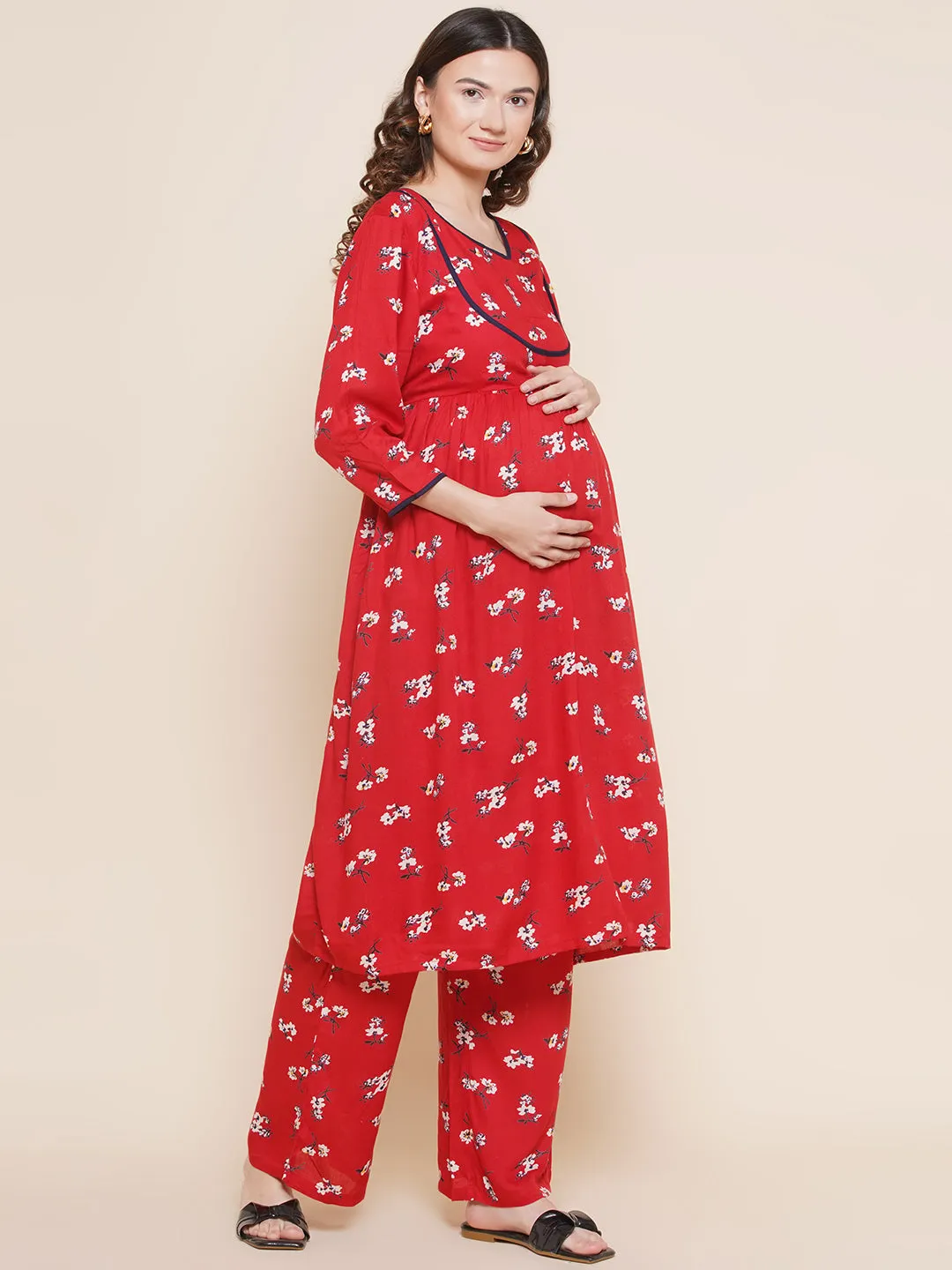 Red Floral Maternity and Nursing Kurta with Palazzo Set