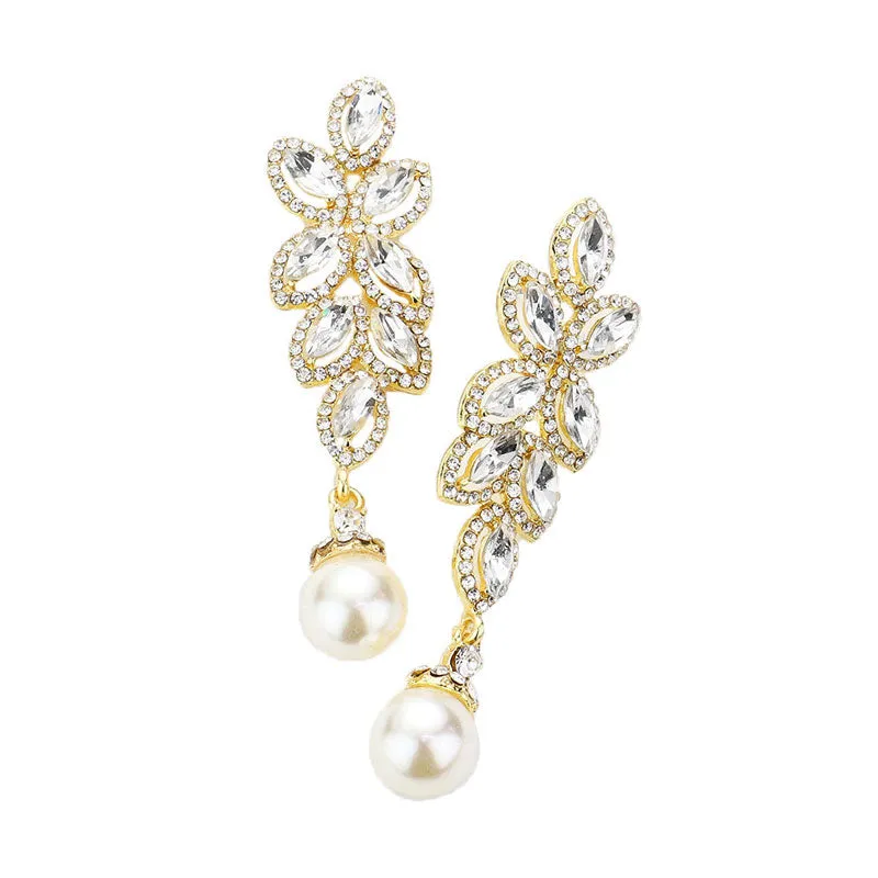 Rhinestone Marquise Stone Vine Pearl  Evening Earrings