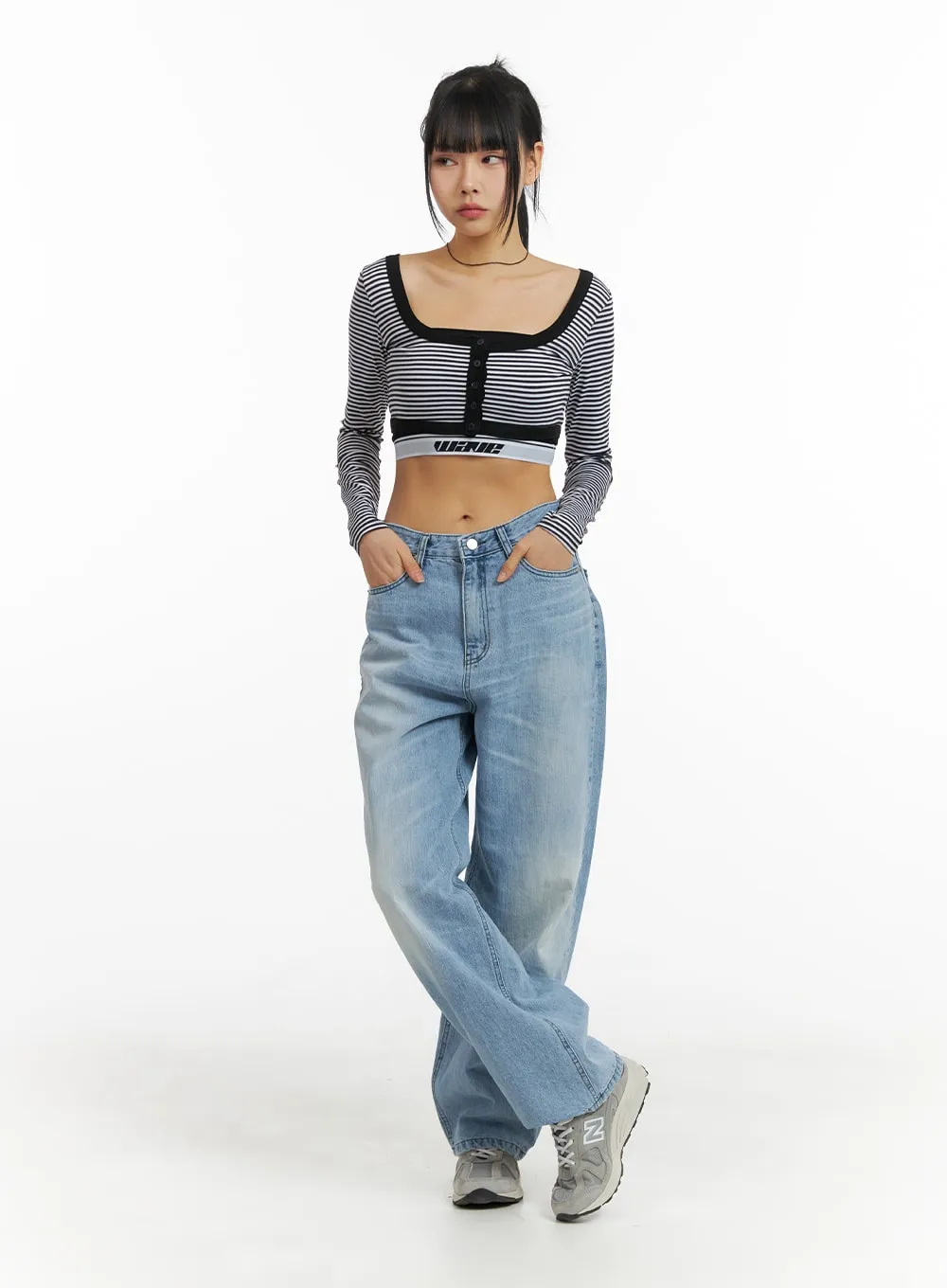 Round Neck Striped Long Sleeve Crop Top CM407