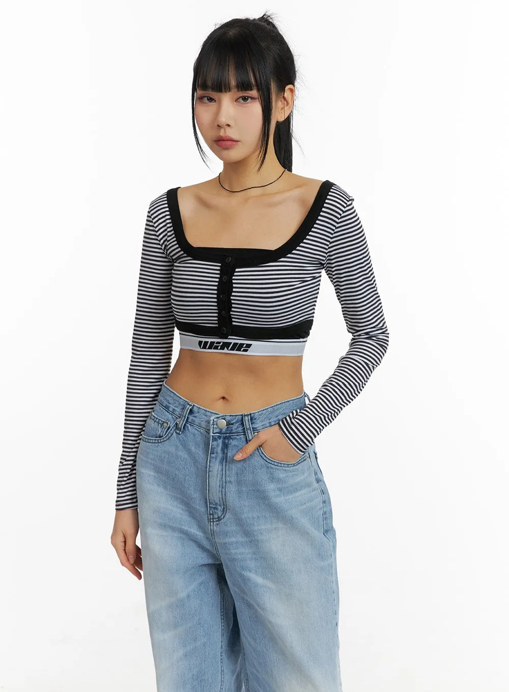 Round Neck Striped Long Sleeve Crop Top CM407