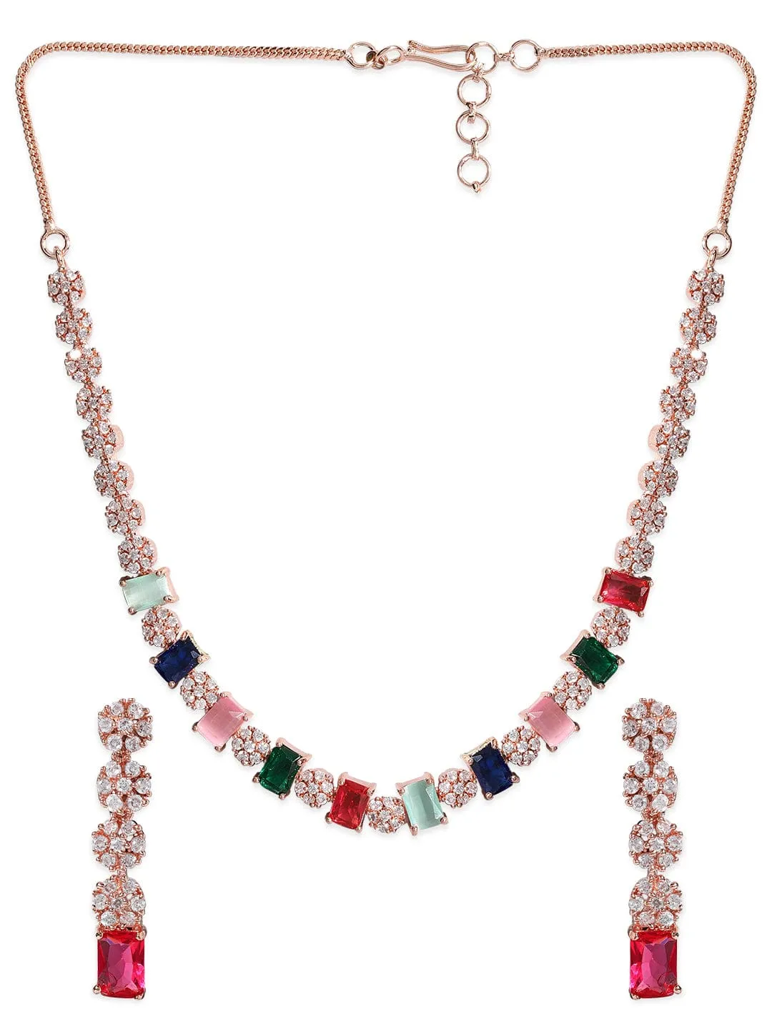 Rubans Rose Gold Plated Multicolor Zirconia Stone Studded Necklace Set.