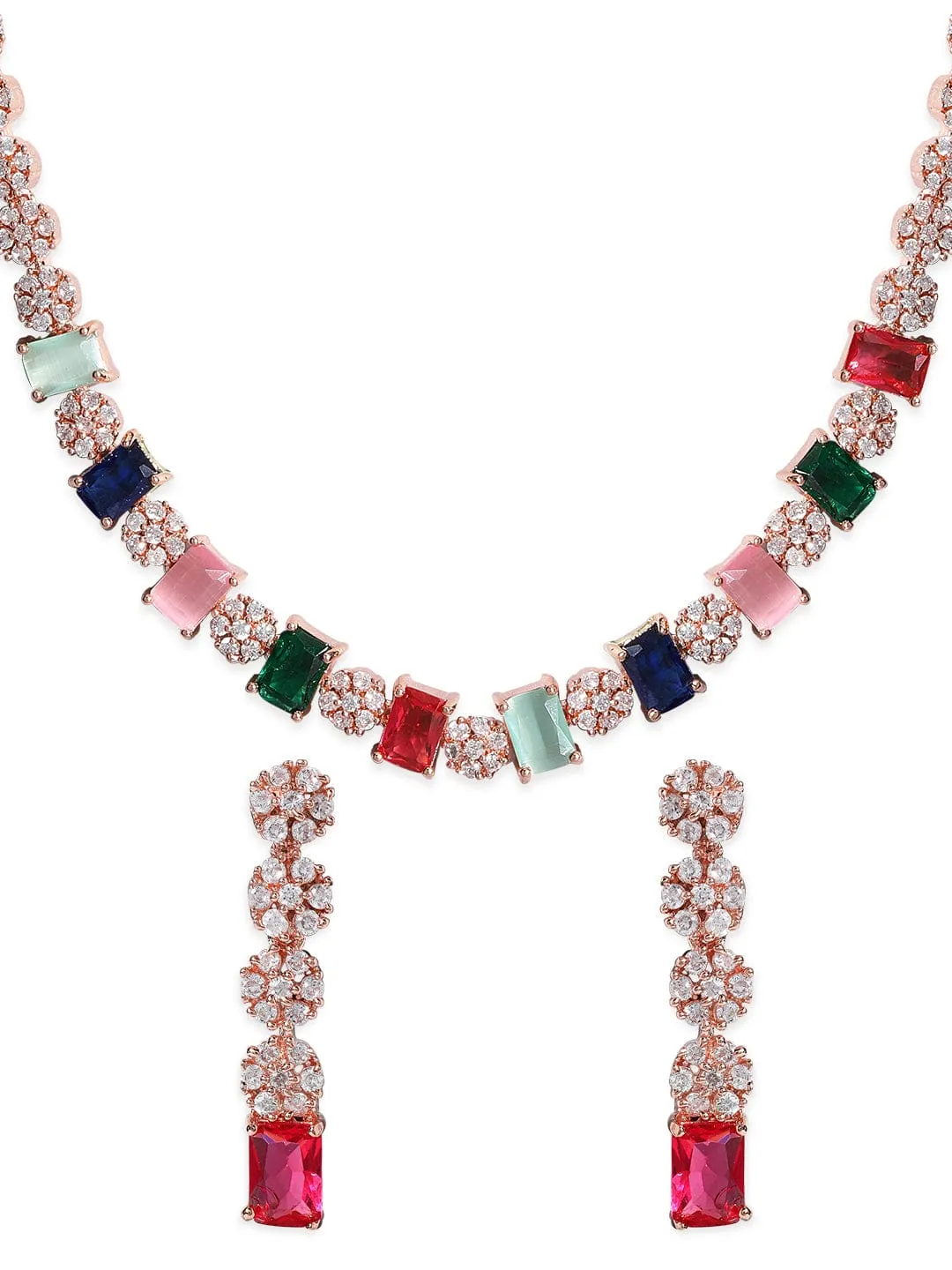 Rubans Rose Gold Plated Multicolor Zirconia Stone Studded Necklace Set.