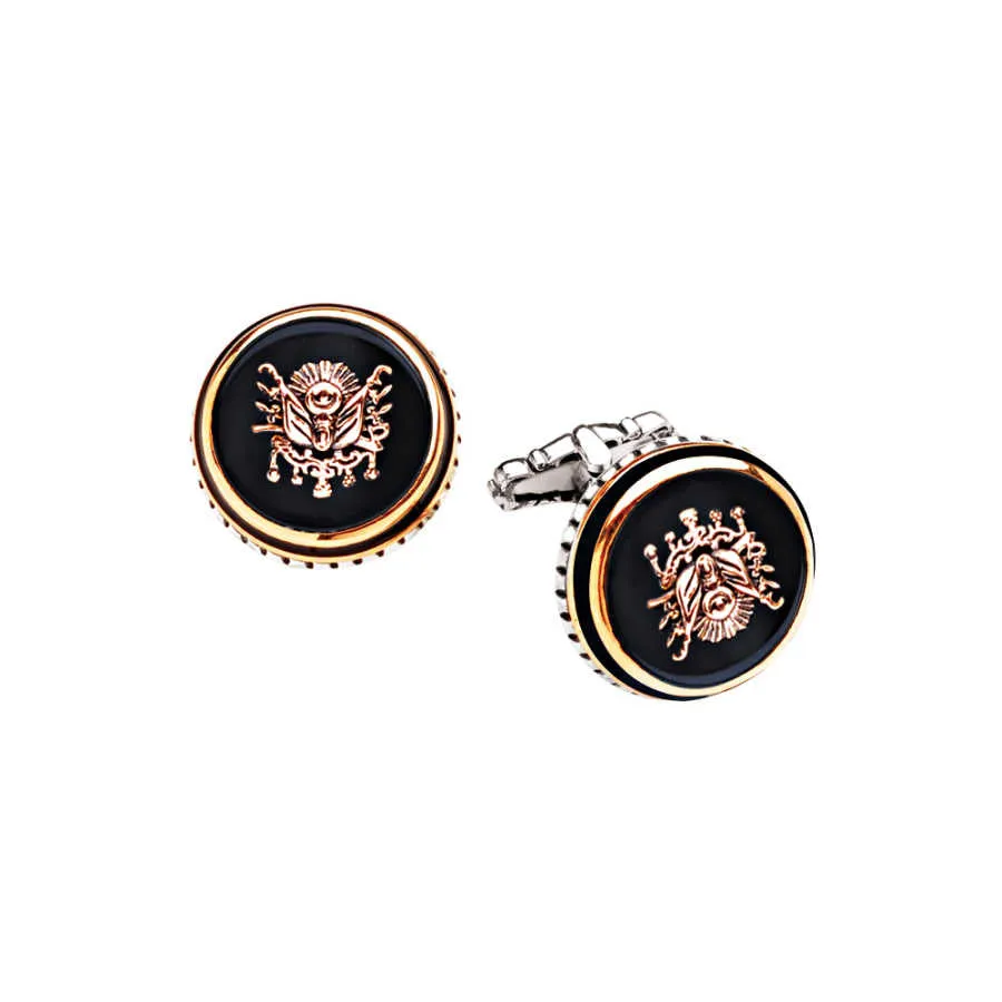 Silver Onyx Stone Over Ottoman Coat of Arms Round Cufflink