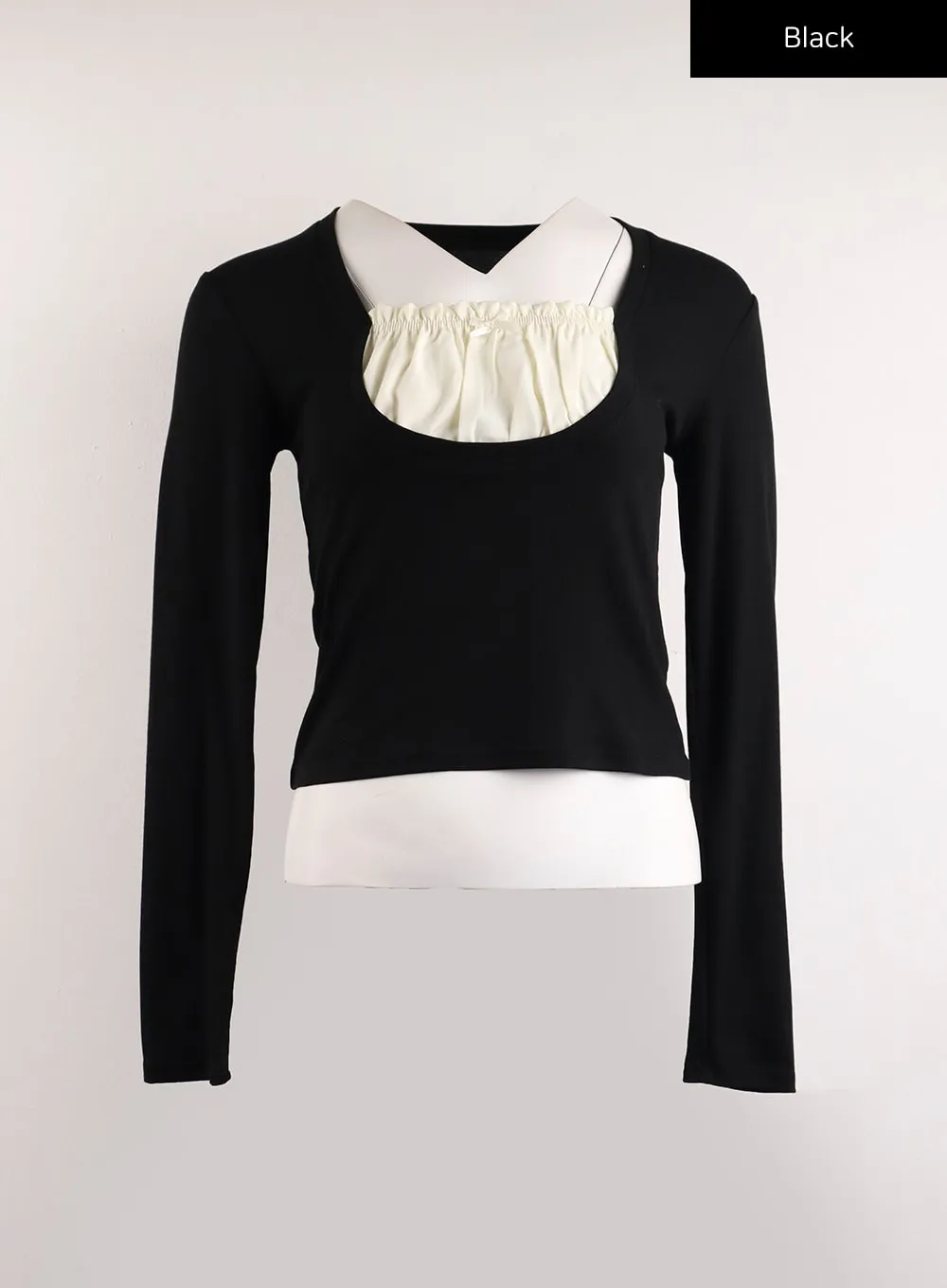 Solid Ruffle Hem Long Sleeve Crop Top IJ411