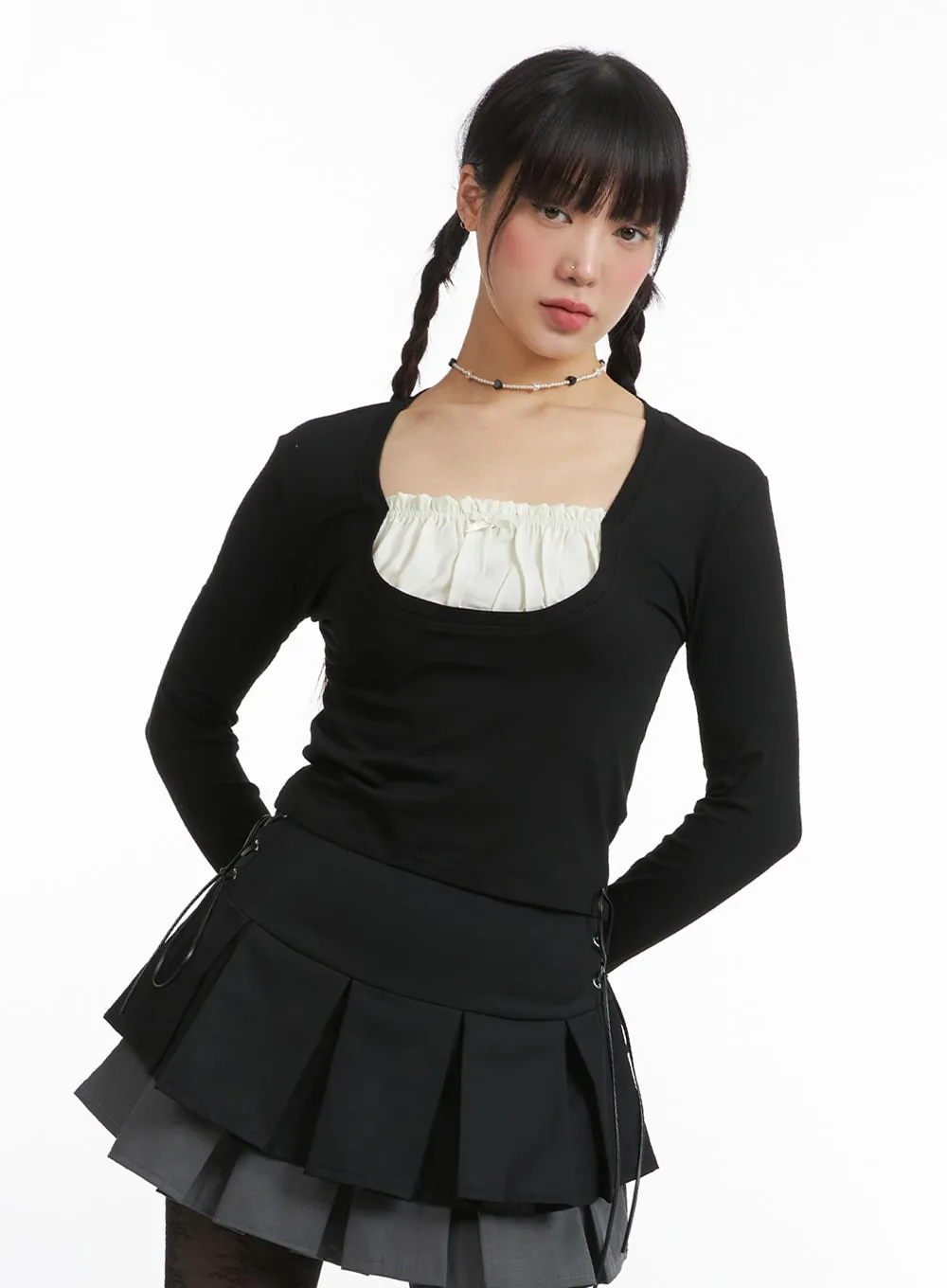 Solid Ruffle Hem Long Sleeve Crop Top IJ411