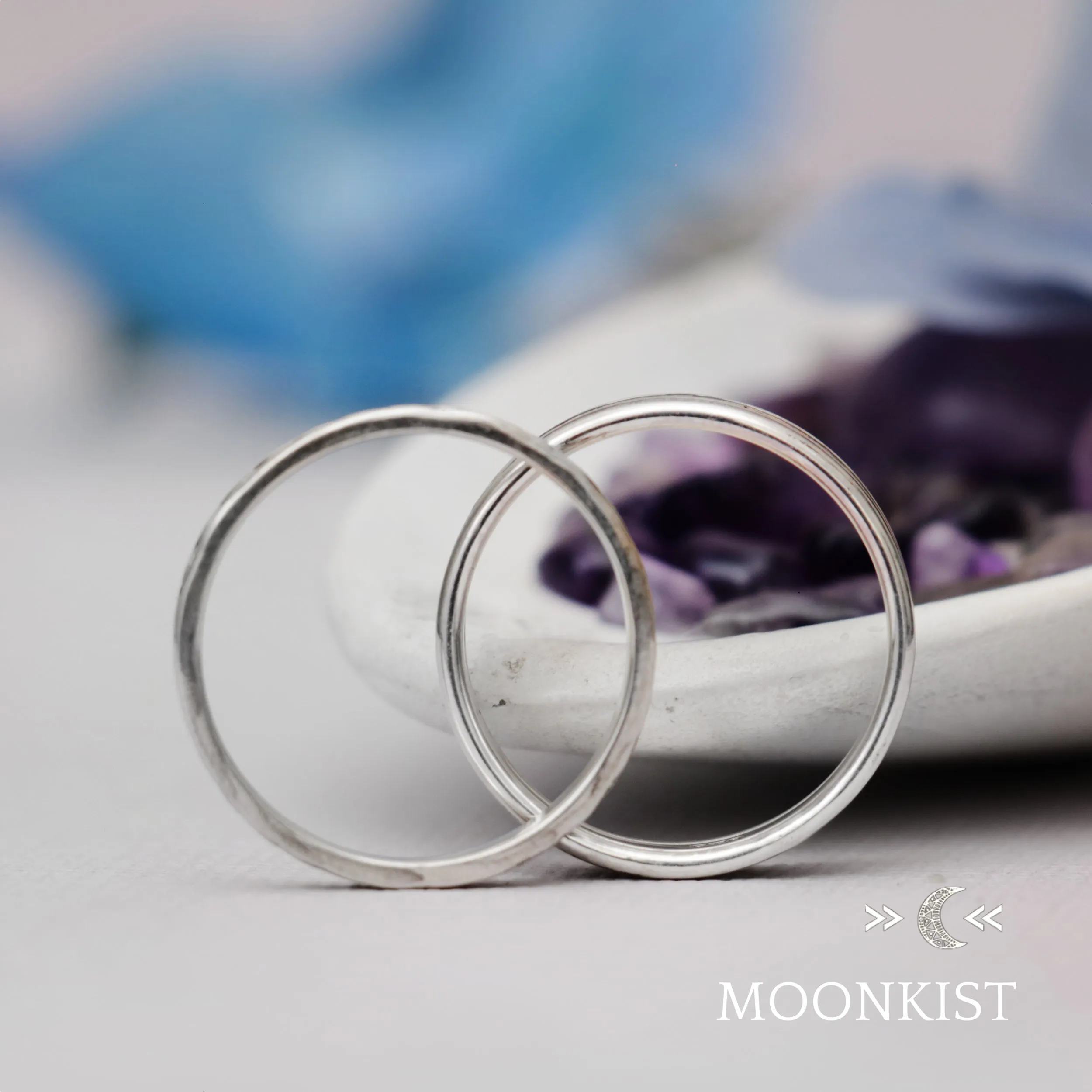 Sterling Silver Engraved Geometric Wedding Band Set  | Moonkist Designs