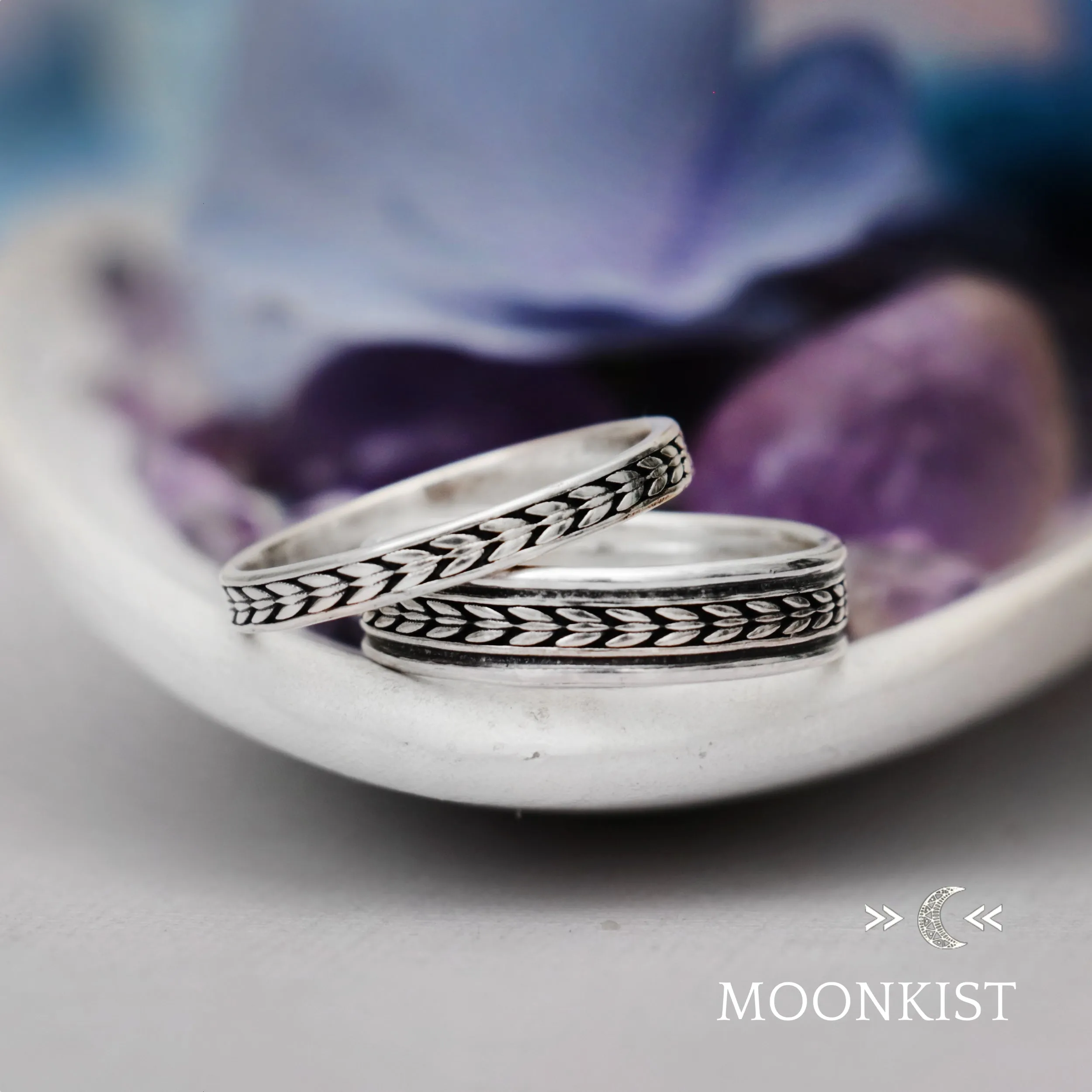 Sterling Silver Engraved Geometric Wedding Band Set  | Moonkist Designs