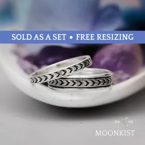 Sterling Silver Engraved Geometric Wedding Band Set  | Moonkist Designs