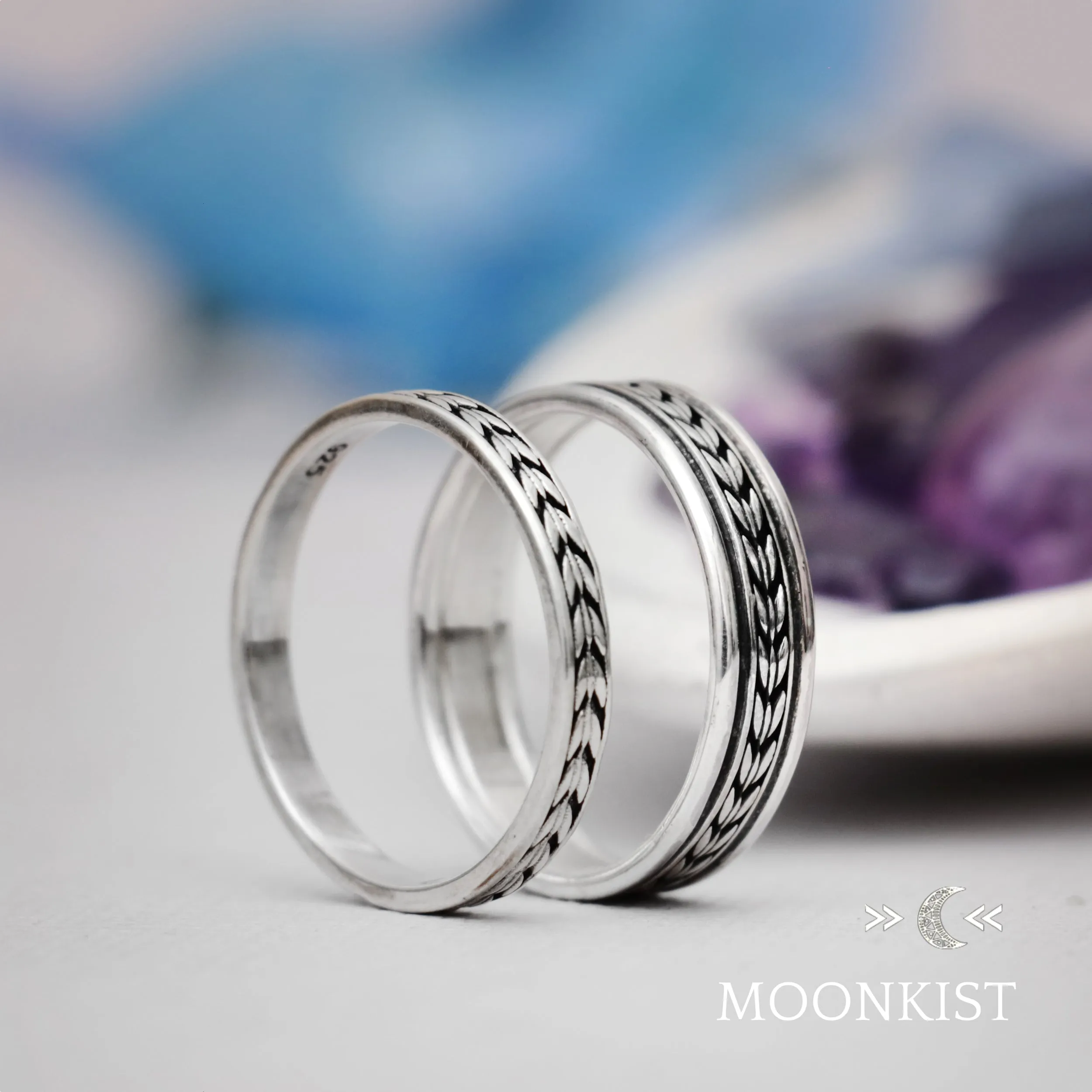 Sterling Silver Engraved Geometric Wedding Band Set  | Moonkist Designs