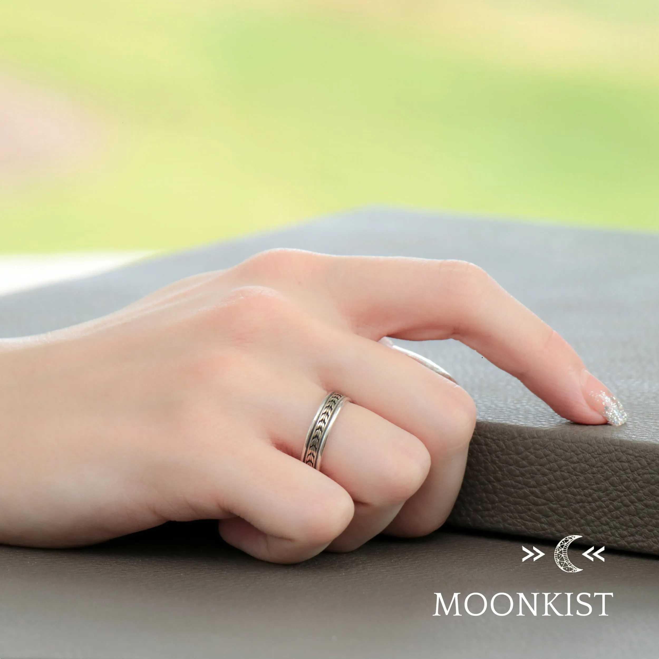 Sterling Silver Engraved Geometric Wedding Band Set  | Moonkist Designs