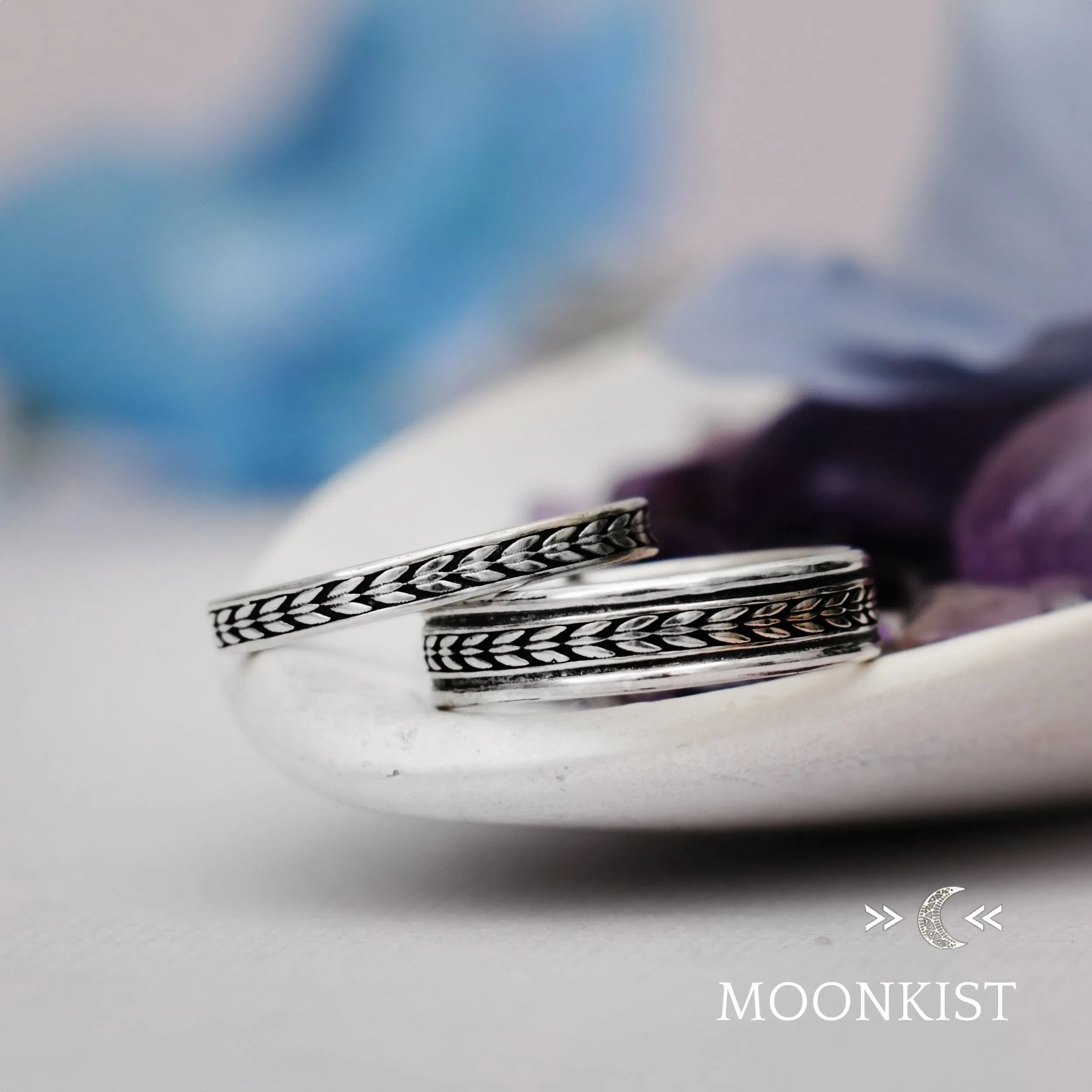 Sterling Silver Engraved Geometric Wedding Band Set  | Moonkist Designs