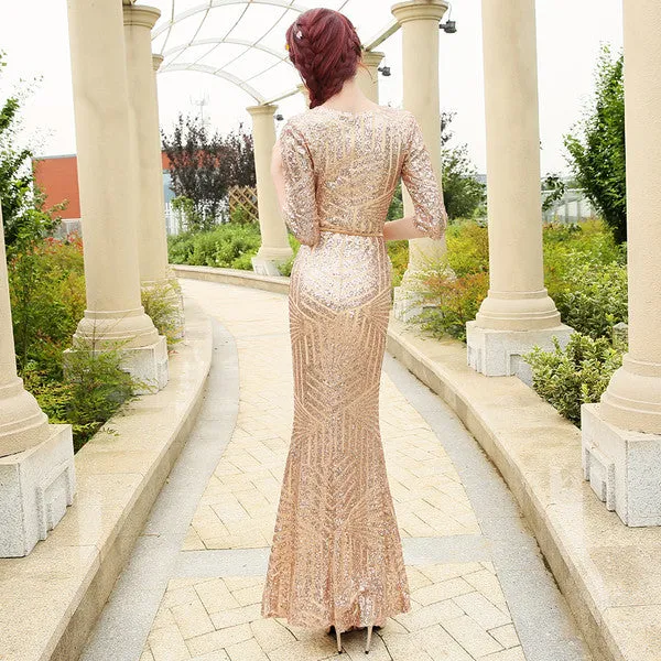 The Giovana Gold Long Sleeves Lace Evening Gown