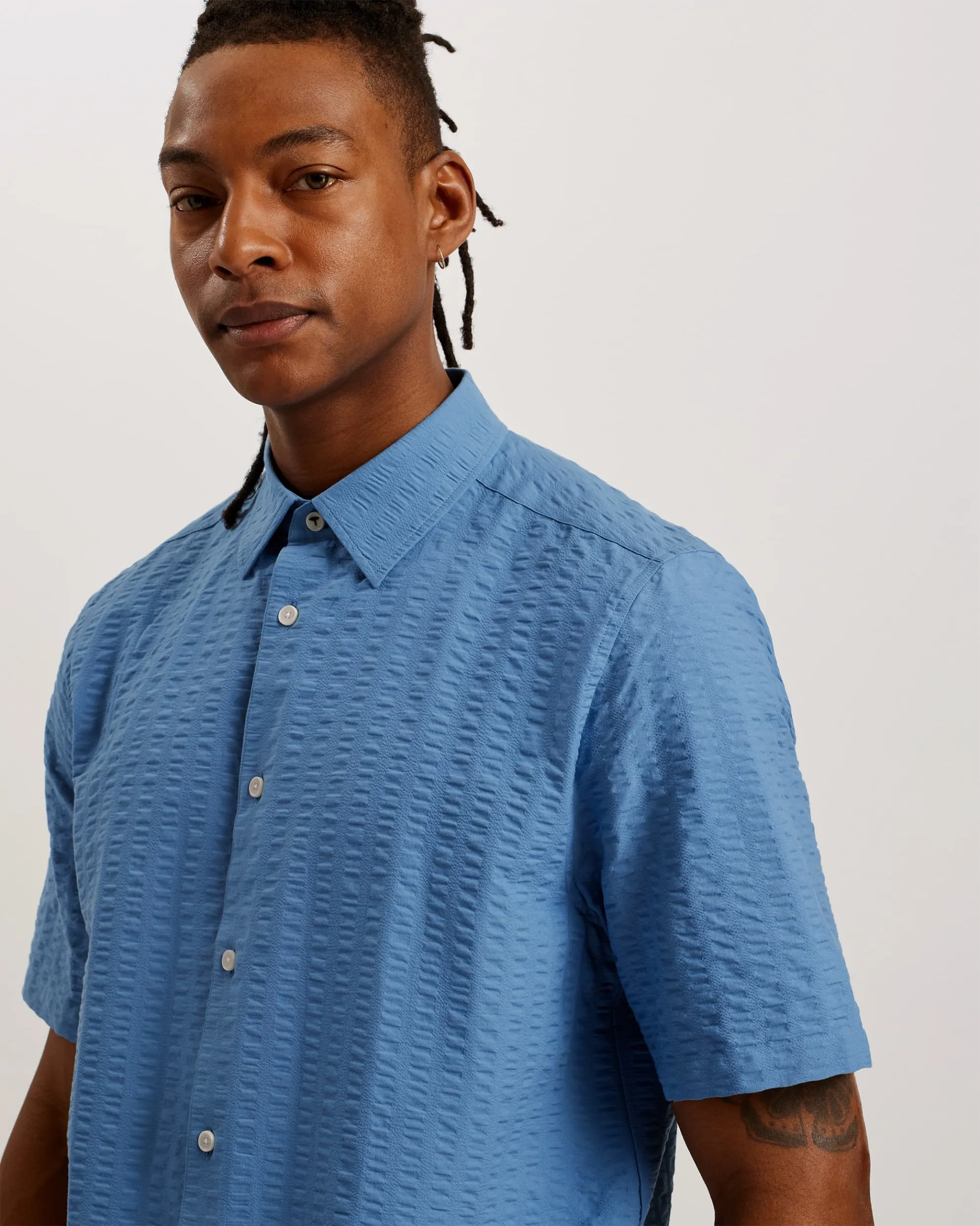 Verdon Seersucker Stripe Cotton Shirt Blue