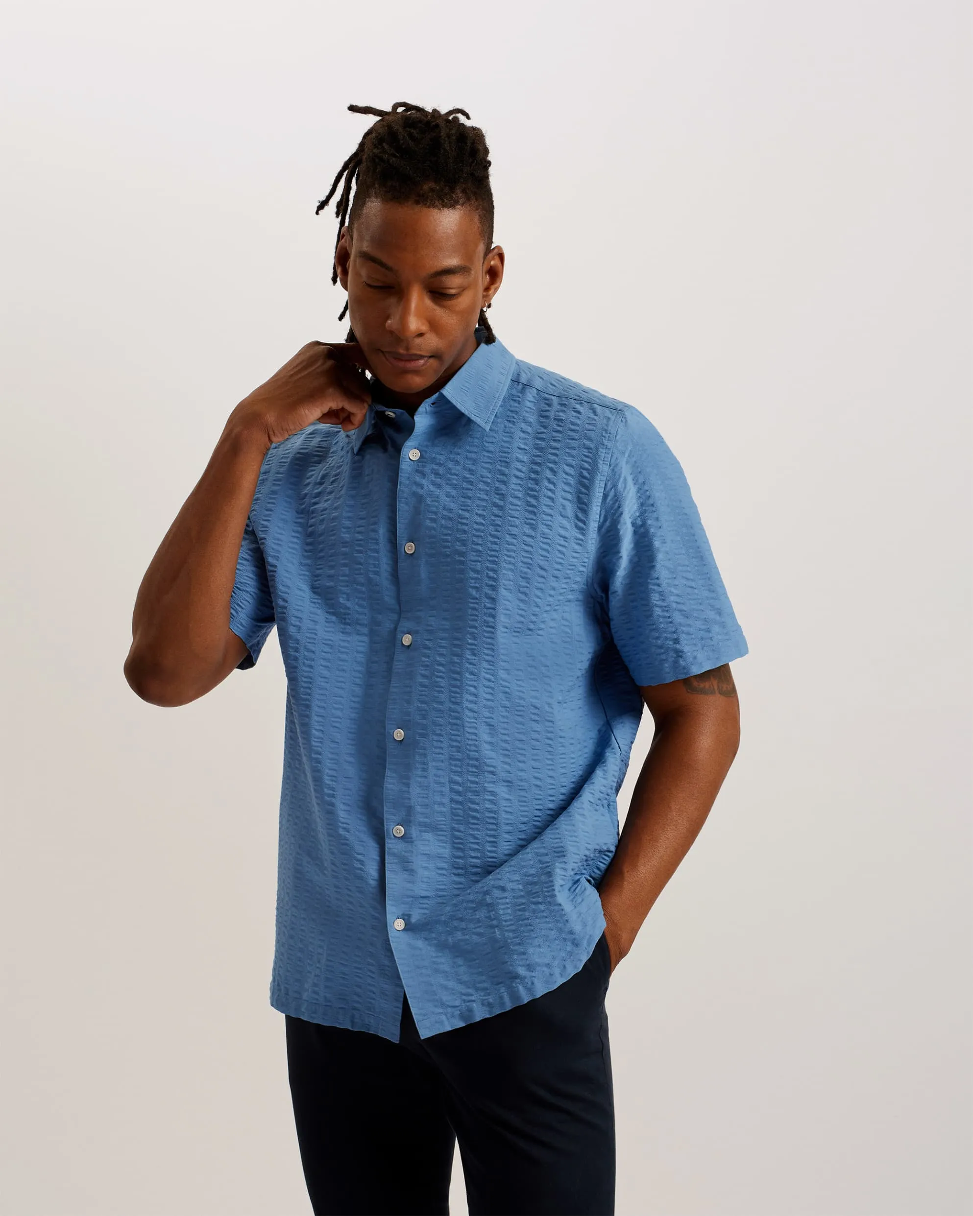 Verdon Seersucker Stripe Cotton Shirt Blue