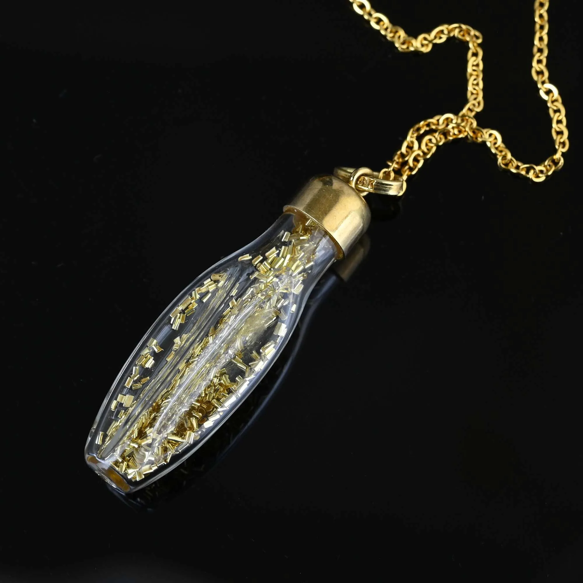 Vintage 14K Gold Flakes Glass Shaker Bottle Pendant